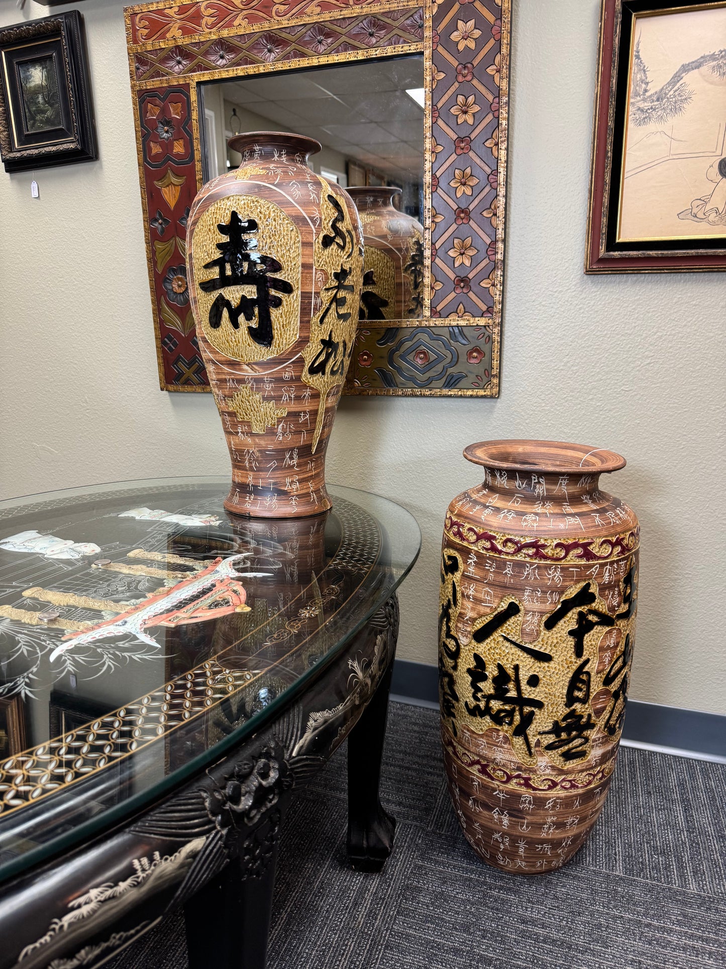 Set of 2 Large Asian Style Ceramic Floor Vases with Raised Calligraphy Decor