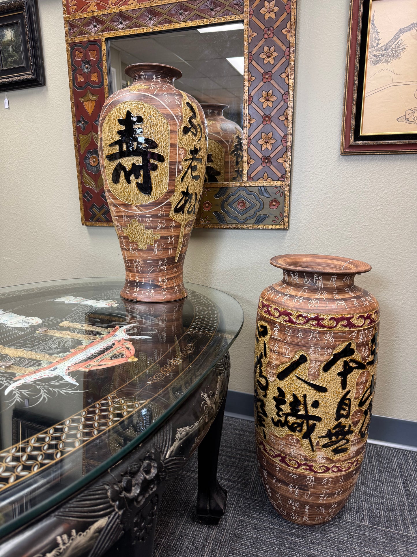 Set of 2 Large Asian Style Ceramic Floor Vases with Raised Calligraphy Decor