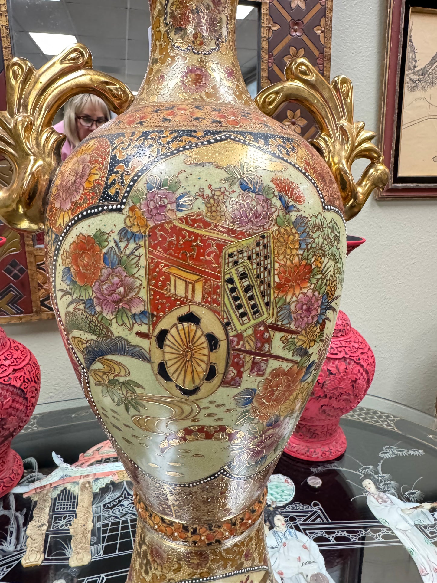 Vintage Japanese Satsuma Moriage Vase – Hand Painted Double Handle Vase, 24” Tall