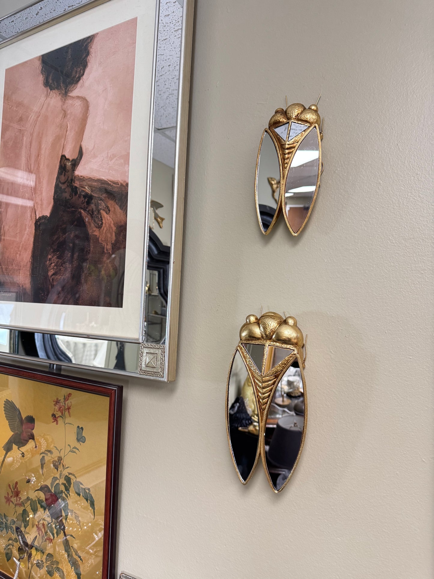 Set of 2 Cicada Wall Mirrors – Resin Gold Finish Insect Decor, Large & Small Sizes