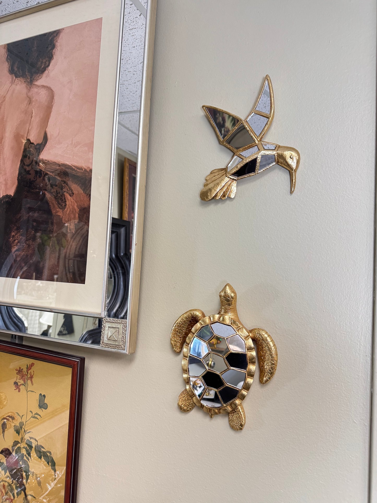 Set of 2 Resin Mirror Wall Decor – Sea Turtle & Hummingbird, Gold Finish, 10” & 11”