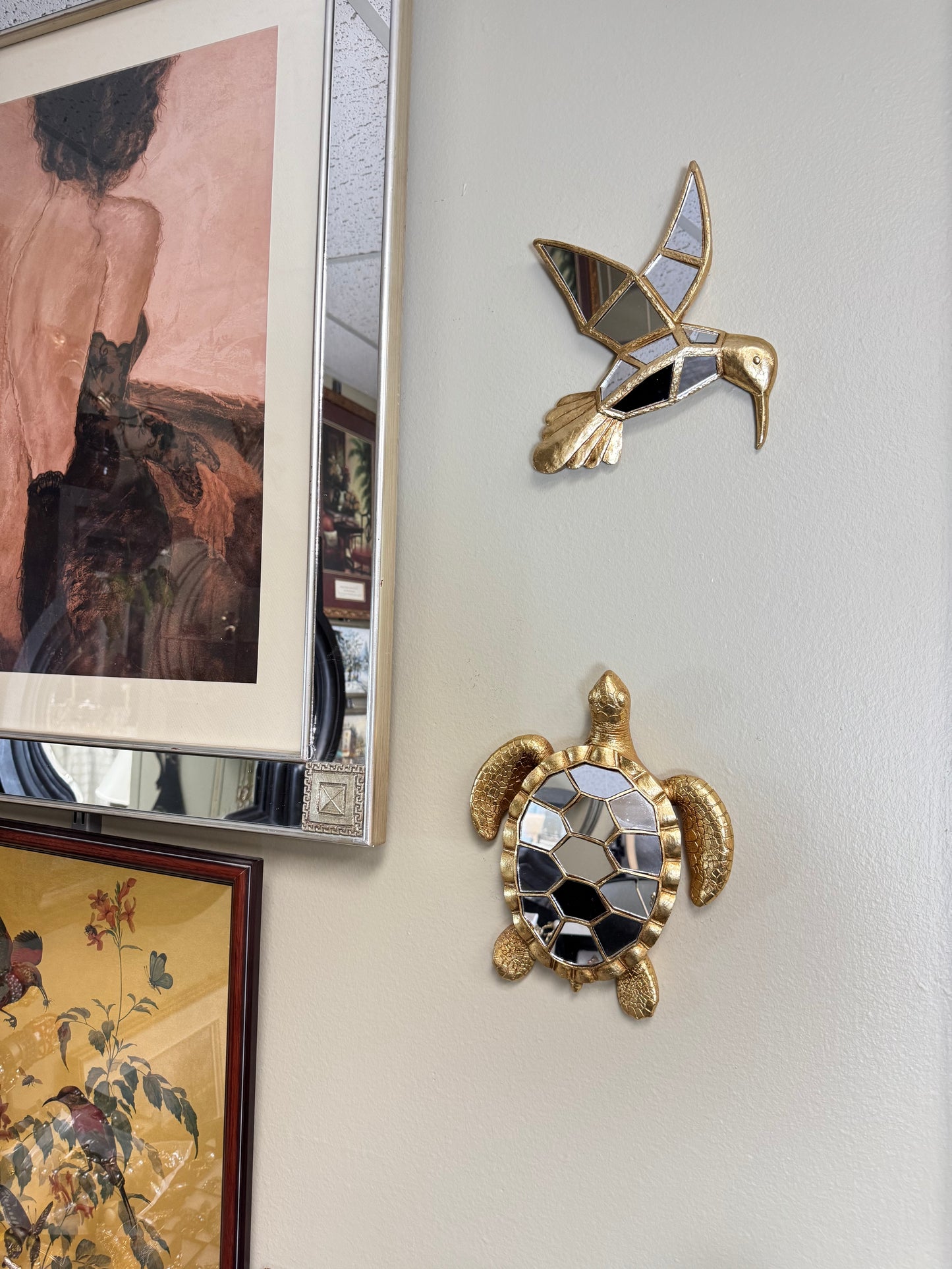 Set of 2 Resin Mirror Wall Decor – Sea Turtle & Hummingbird, Gold Finish, 10” & 11”
