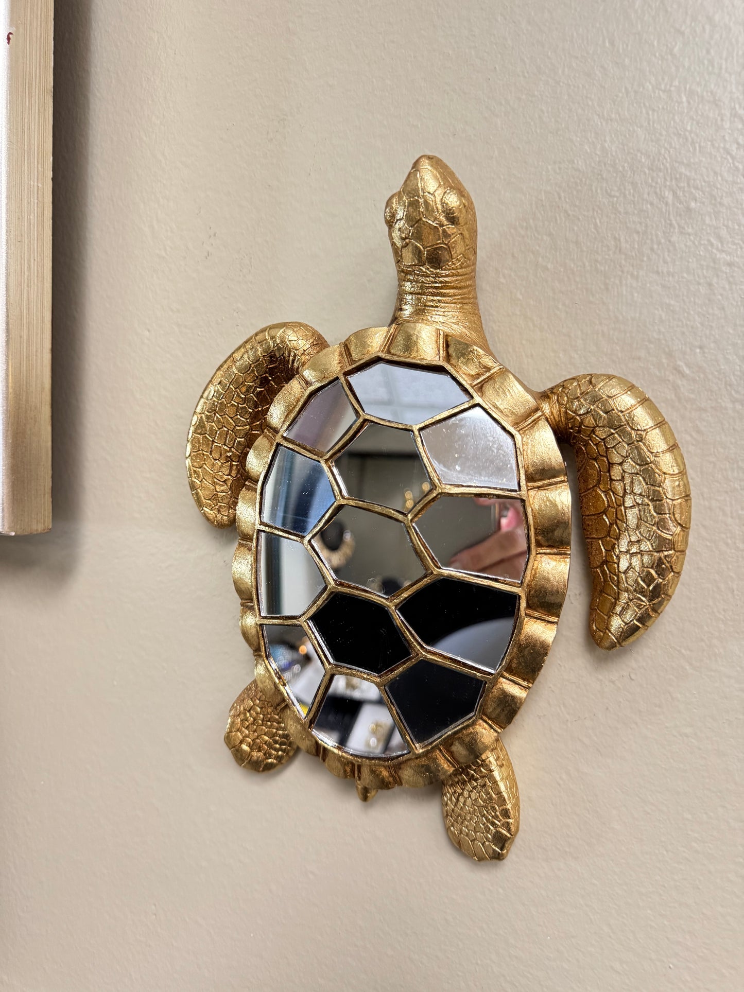 Set of 2 Resin Mirror Wall Decor – Sea Turtle & Hummingbird, Gold Finish, 10” & 11”