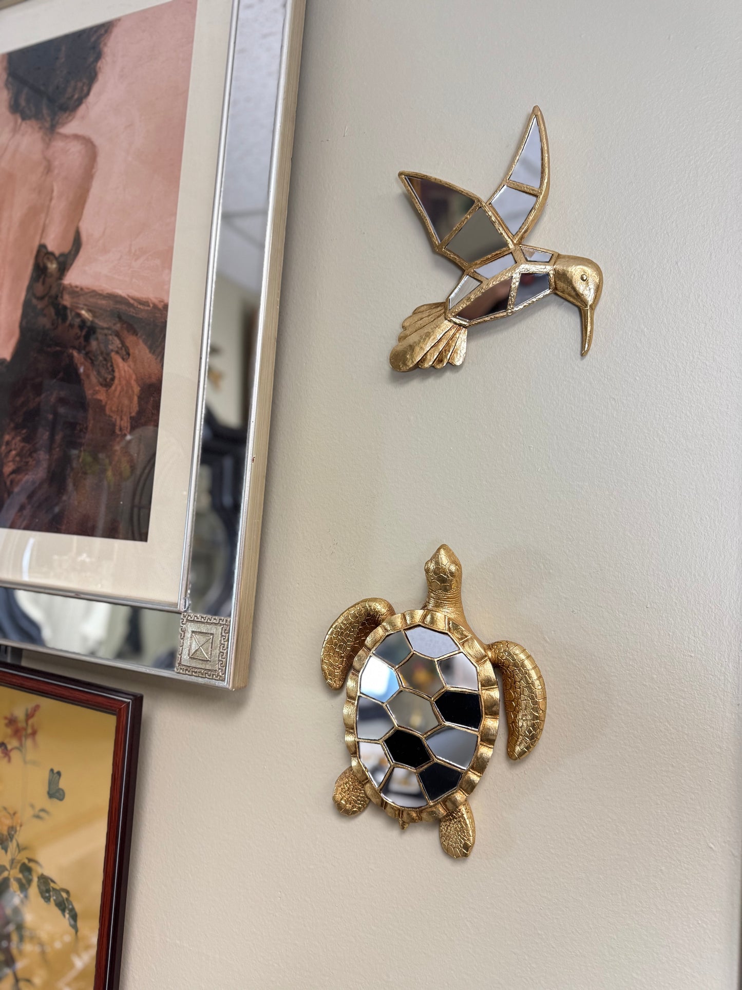 Set of 2 Resin Mirror Wall Decor – Sea Turtle & Hummingbird, Gold Finish, 10” & 11”