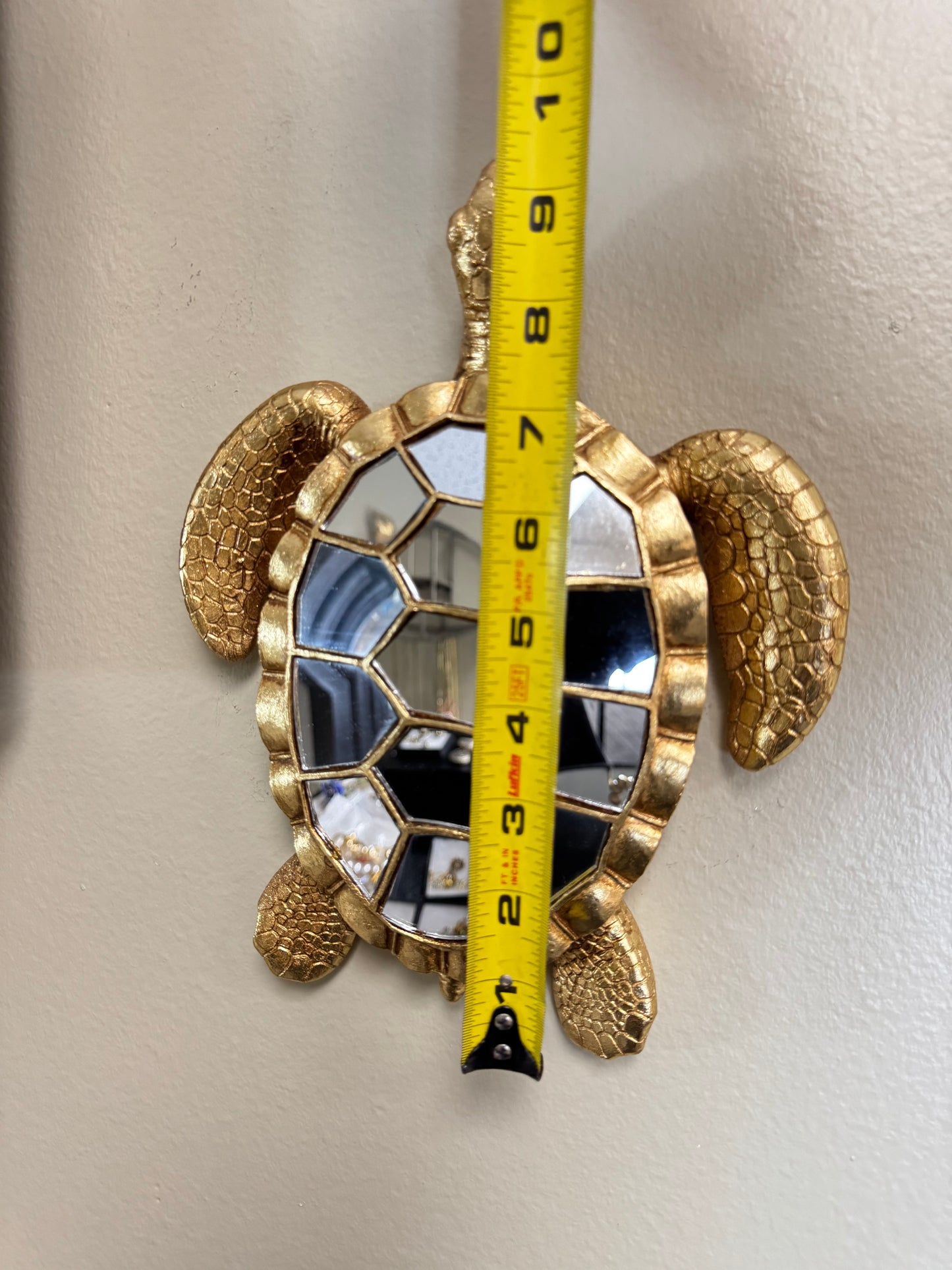 Set of 2 Resin Mirror Wall Decor – Sea Turtle & Hummingbird, Gold Finish, 10” & 11”