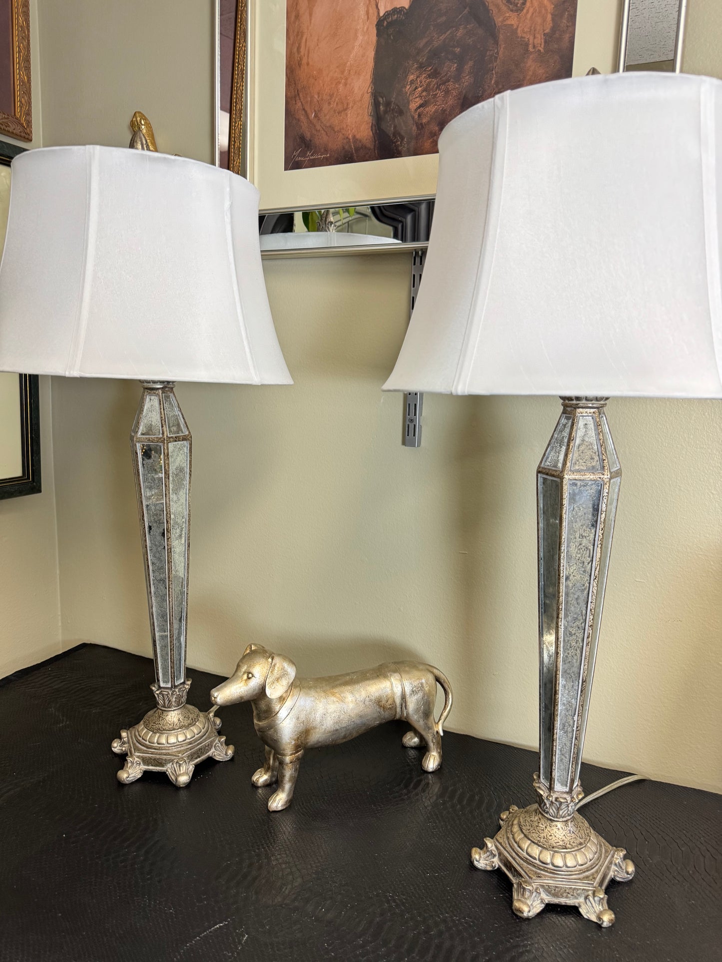 Pair of Vintage Mirrored Table Lamps with Resin Bases – 32” Tall