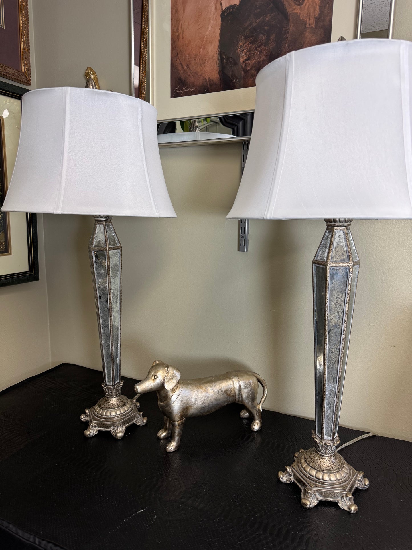Pair of Vintage Mirrored Table Lamps with Resin Bases – 32” Tall