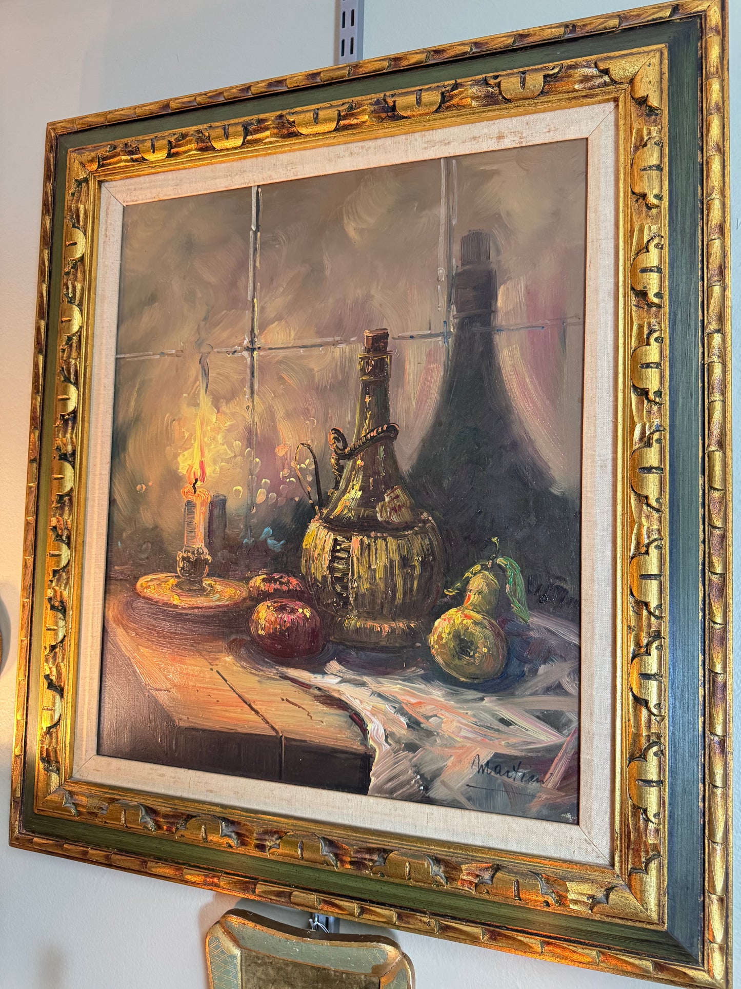 Original Oil Painting Still Life with Candle & Fruit – Framed Wall Art 28” x 32”