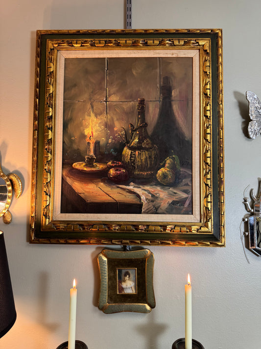 Original Oil Painting Still Life with Candle & Fruit – Framed Wall Art 28” x 32”
