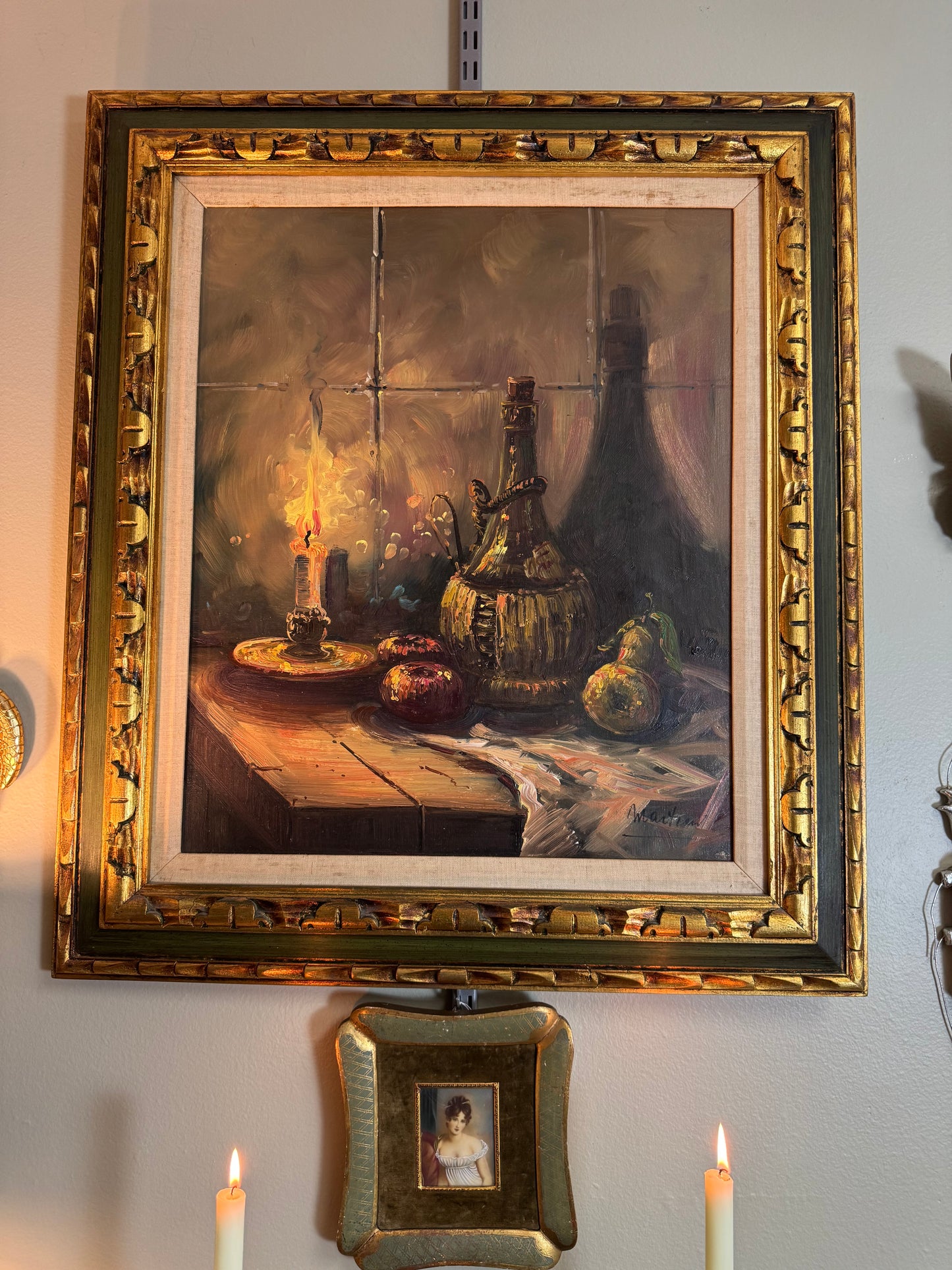 Original Oil Painting Still Life with Candle & Fruit – Framed Wall Art 28” x 32”