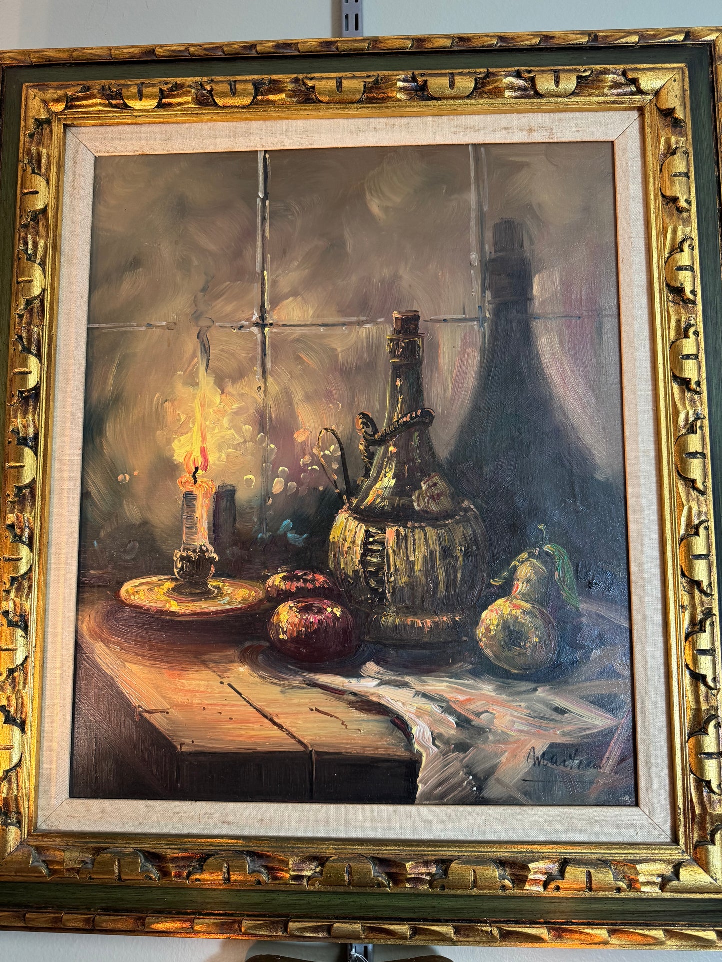 Original Oil Painting Still Life with Candle & Fruit – Framed Wall Art 28” x 32”