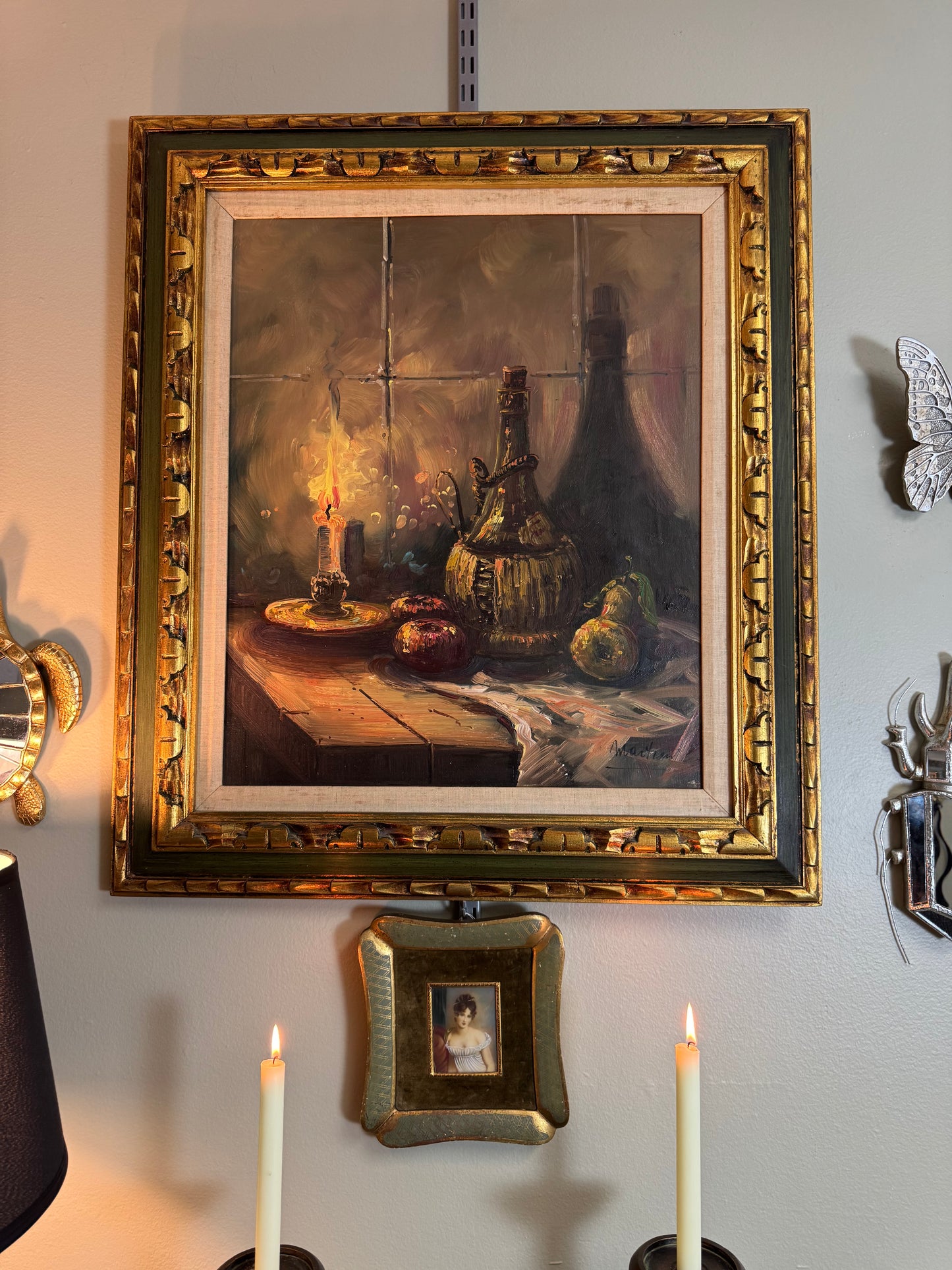 Original Oil Painting Still Life with Candle & Fruit – Framed Wall Art 28” x 32”