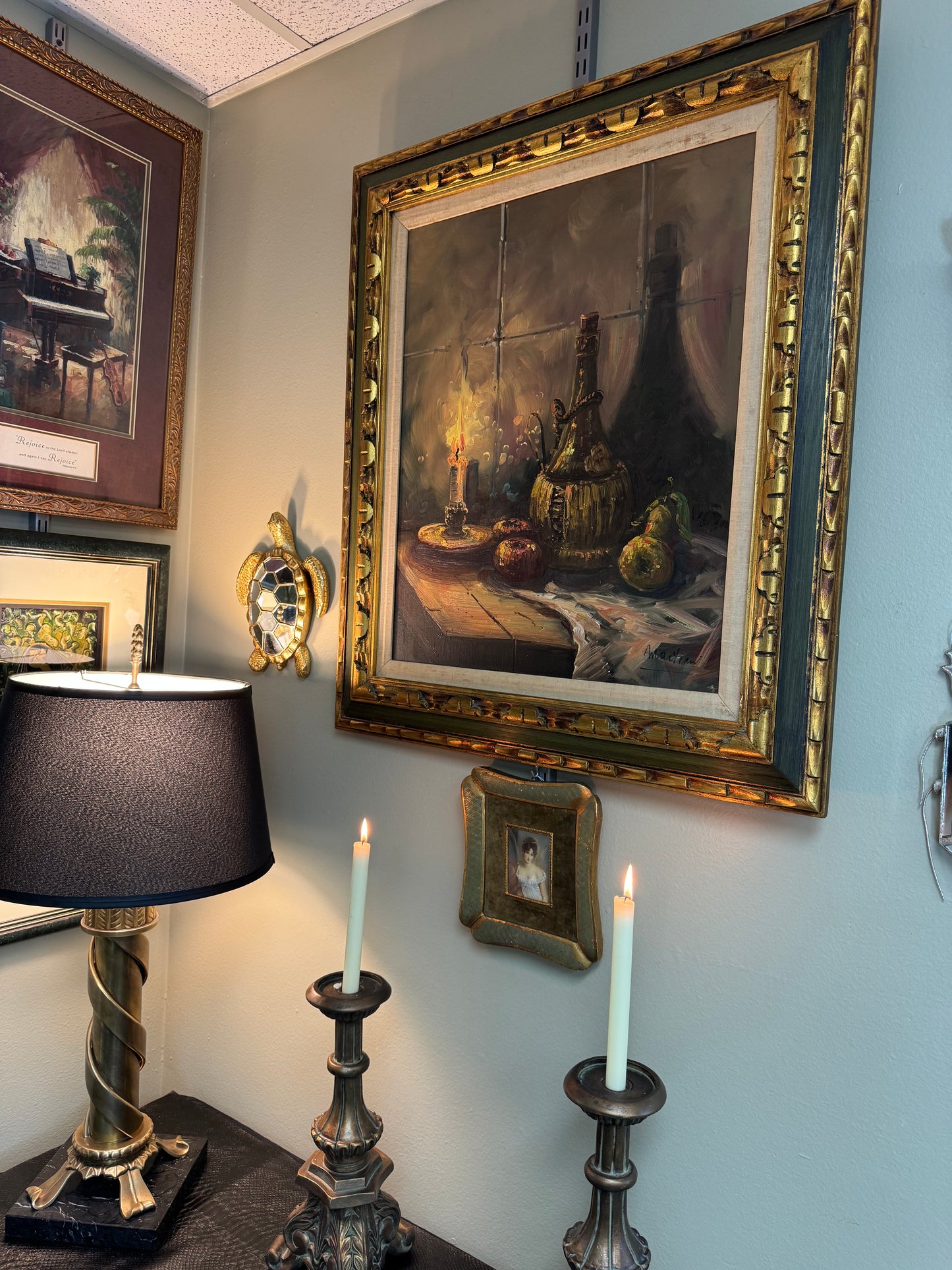 Original Oil Painting Still Life with Candle & Fruit – Framed Wall Art 28” x 32”