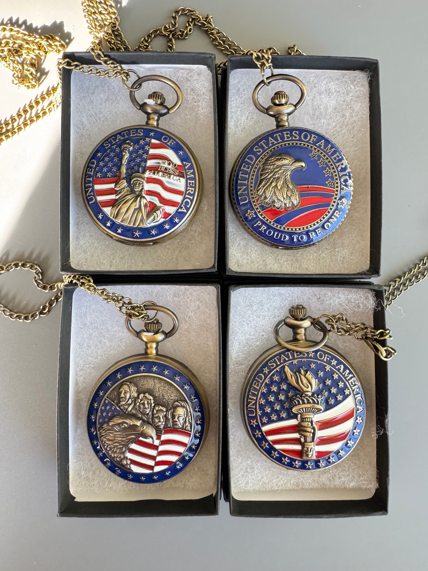 Patriotic PocketWatches -USA Vintage Style Quartz Brand New With Chain &Box
