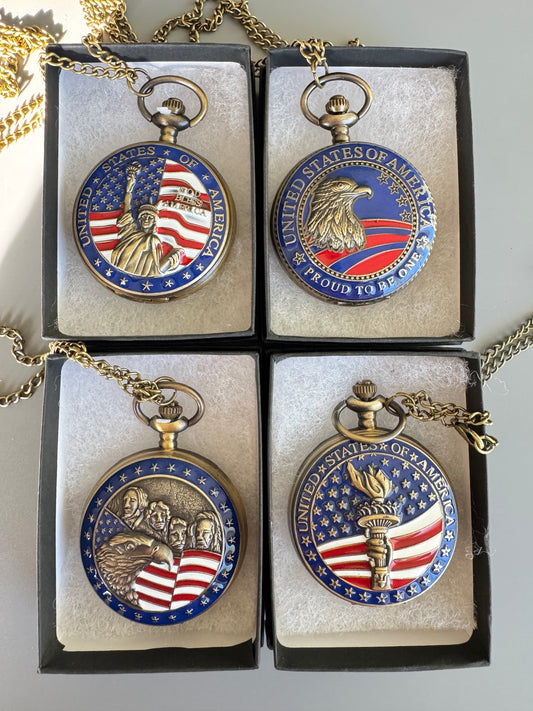 Patriotic PocketWatches -USA Vintage Style Quartz Brand New With Chain &Box