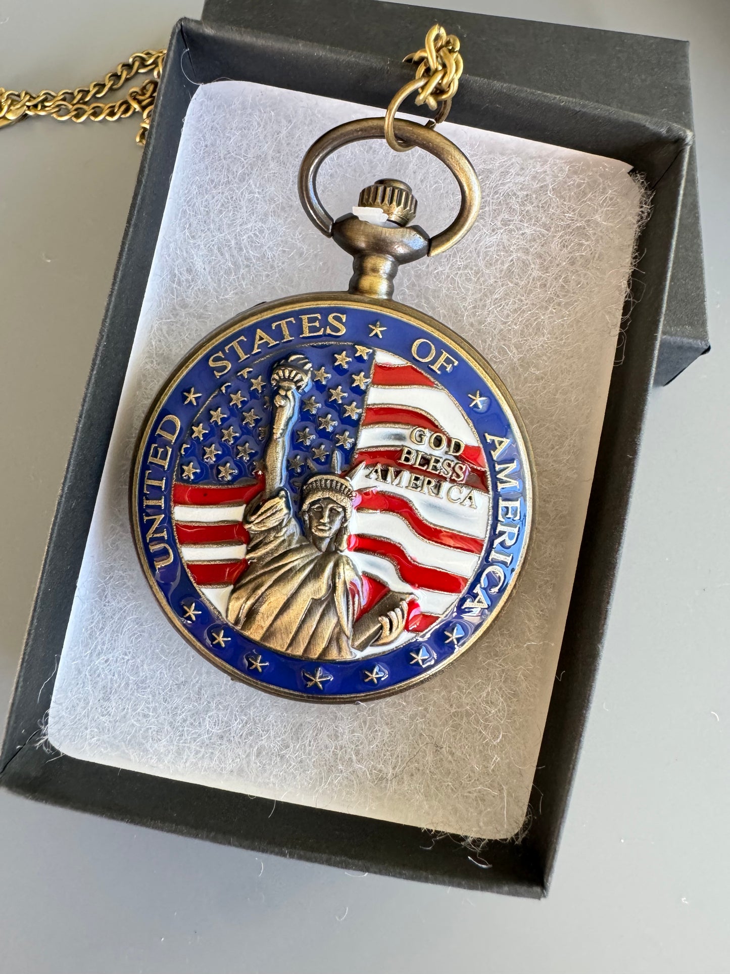 Patriotic PocketWatches -USA Vintage Style Quartz Brand New With Chain &Box