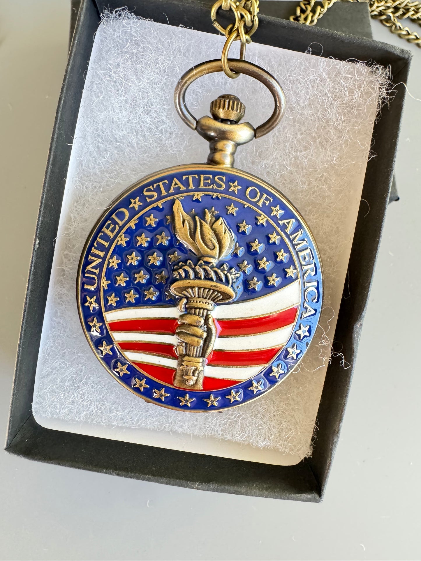Patriotic PocketWatches -USA Vintage Style Quartz Brand New With Chain &Box