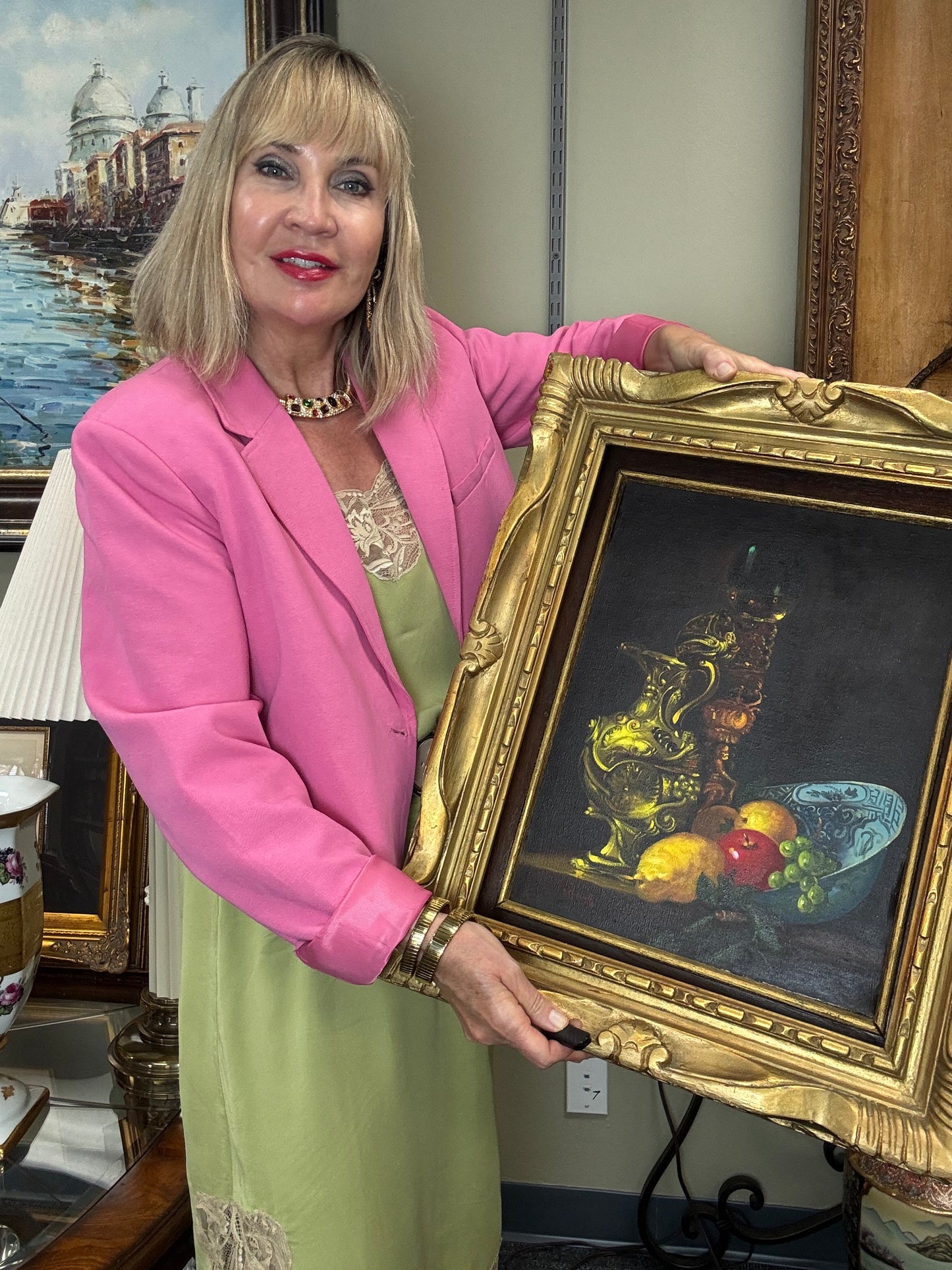 Original Oil Painting by F. Marcelli, Signed 1971, European Still Life in Rare Deep Shadowbox Gilt Frame