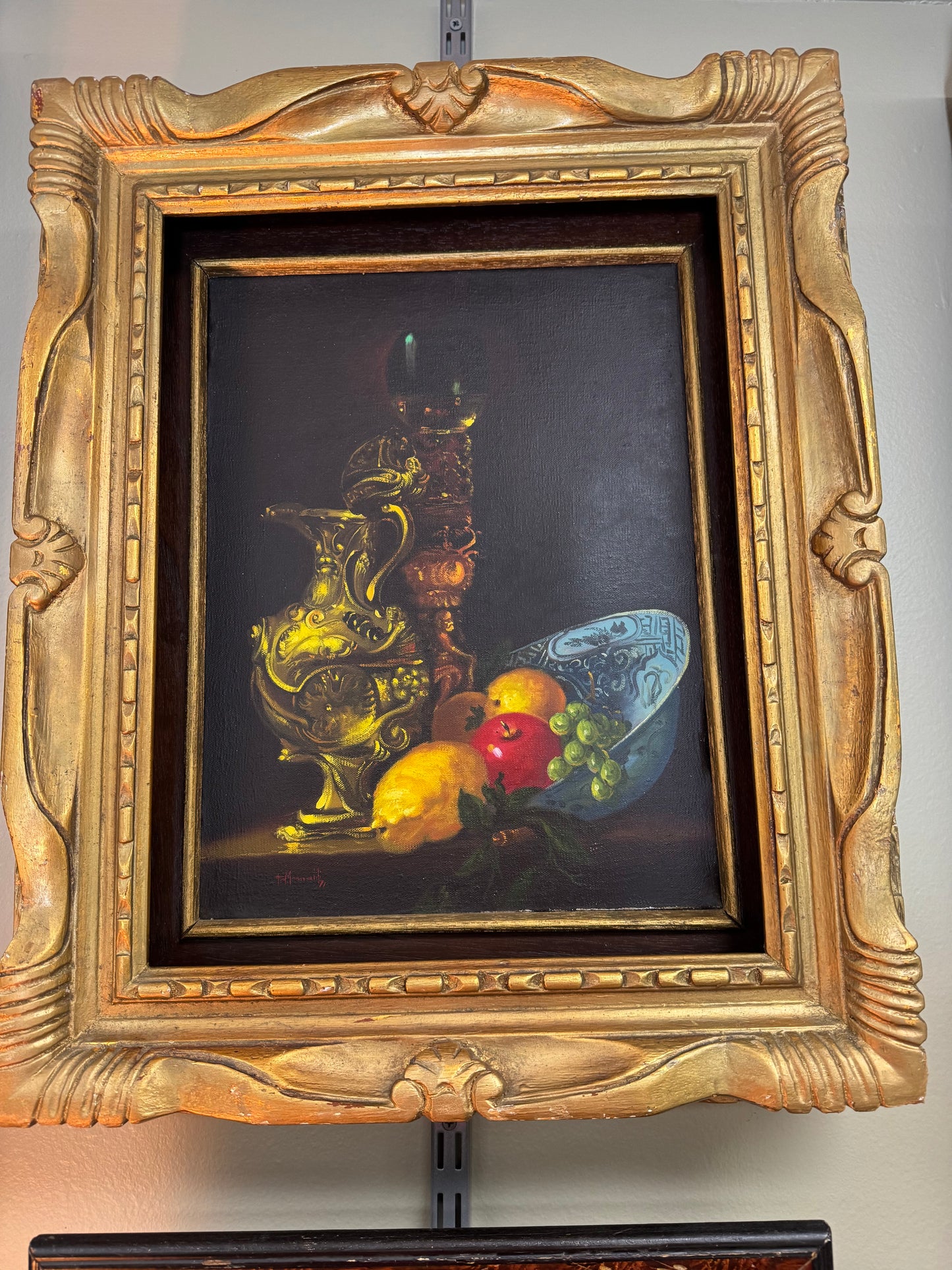 Original Oil Painting by F. Marcelli, Signed 1971, European Still Life in Rare Deep Shadowbox Gilt Frame