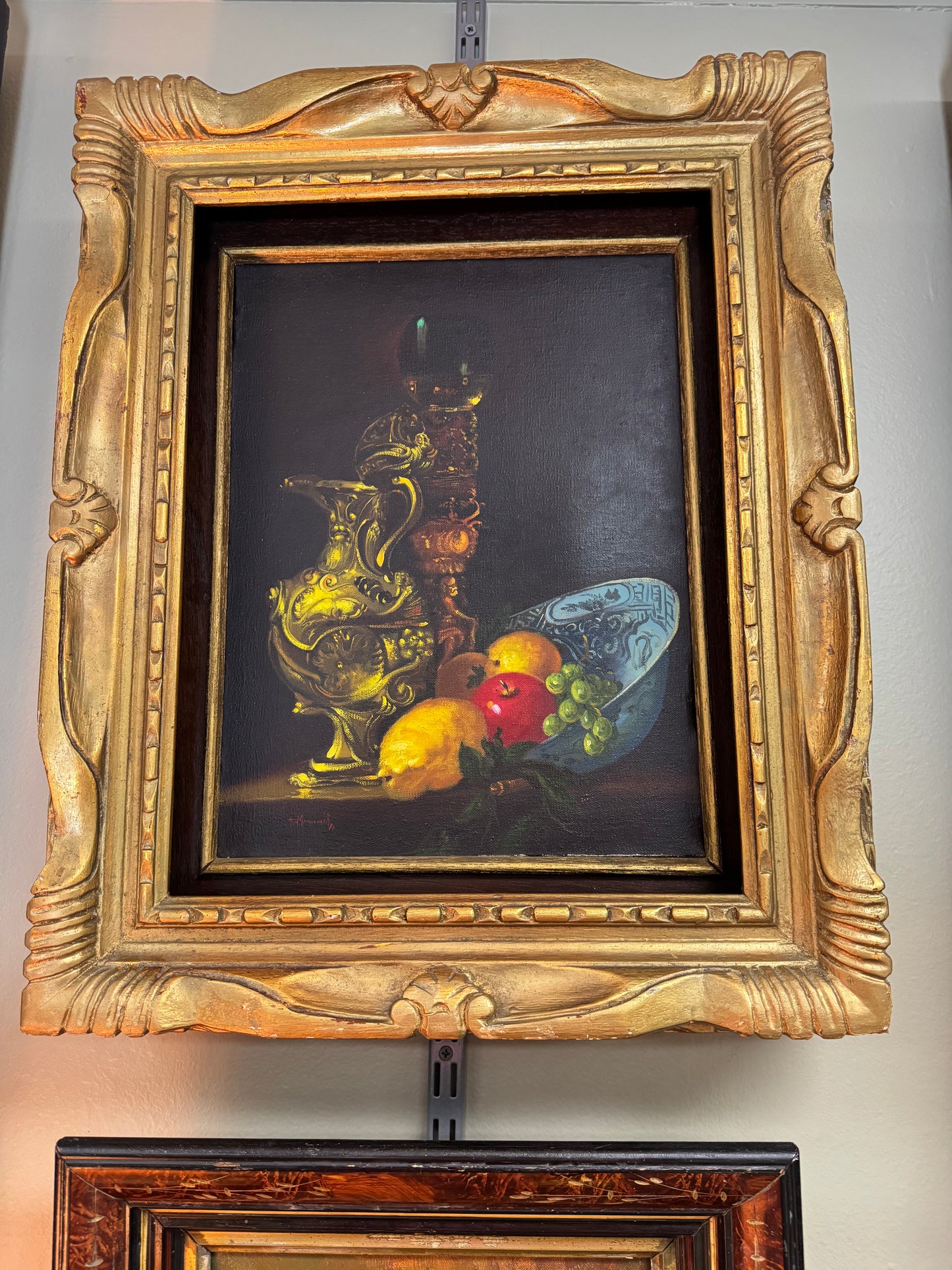Original Oil Painting by F. Marcelli, Signed 1971, European Still Life in Rare Deep Shadowbox Gilt Frame