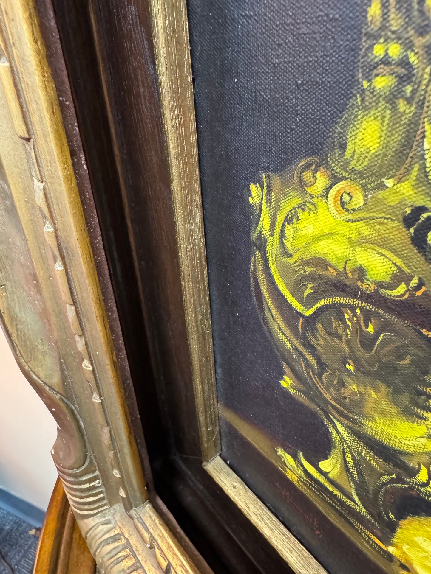 Original Oil Painting by F. Marcelli, Signed 1971, European Still Life in Rare Deep Shadowbox Gilt Frame