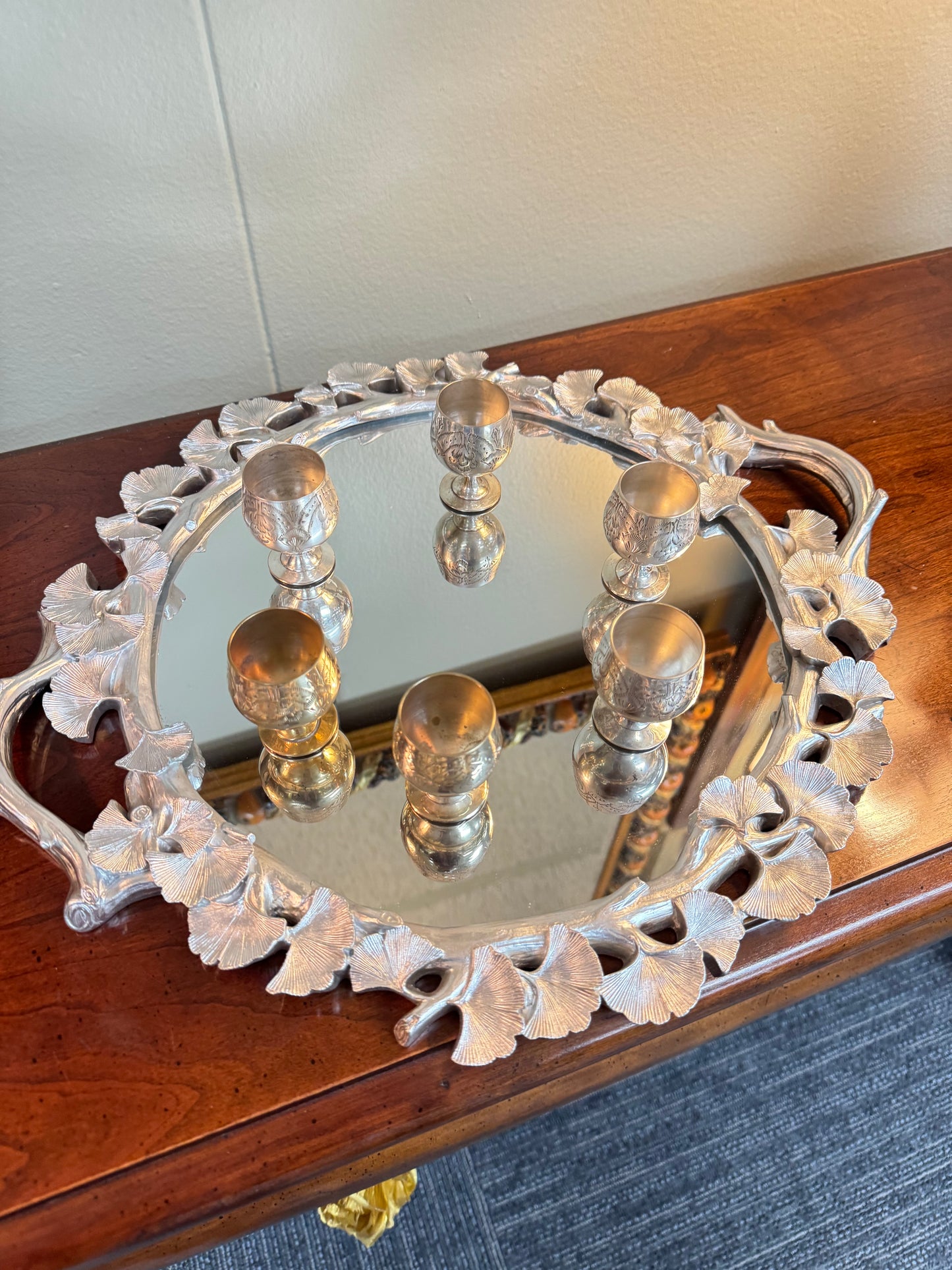 Silver Ginkgo Leaf Decorative Mirror Tray – Resin Serving Tray or Vanity Display –15''