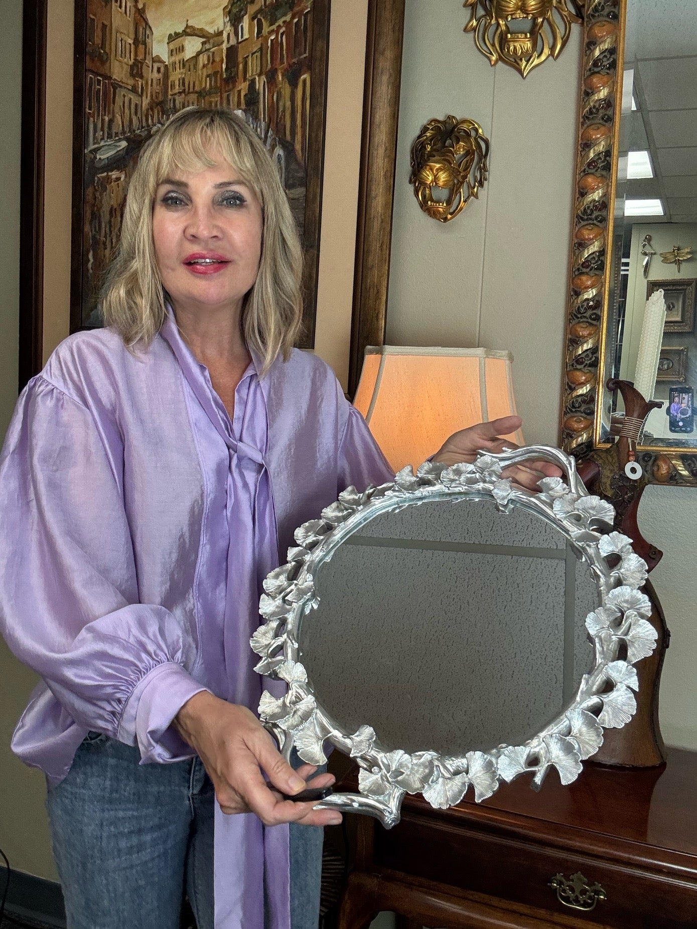 Silver Ginkgo Leaf Decorative Mirror Tray – Resin Serving Tray or Vanity Display –15''