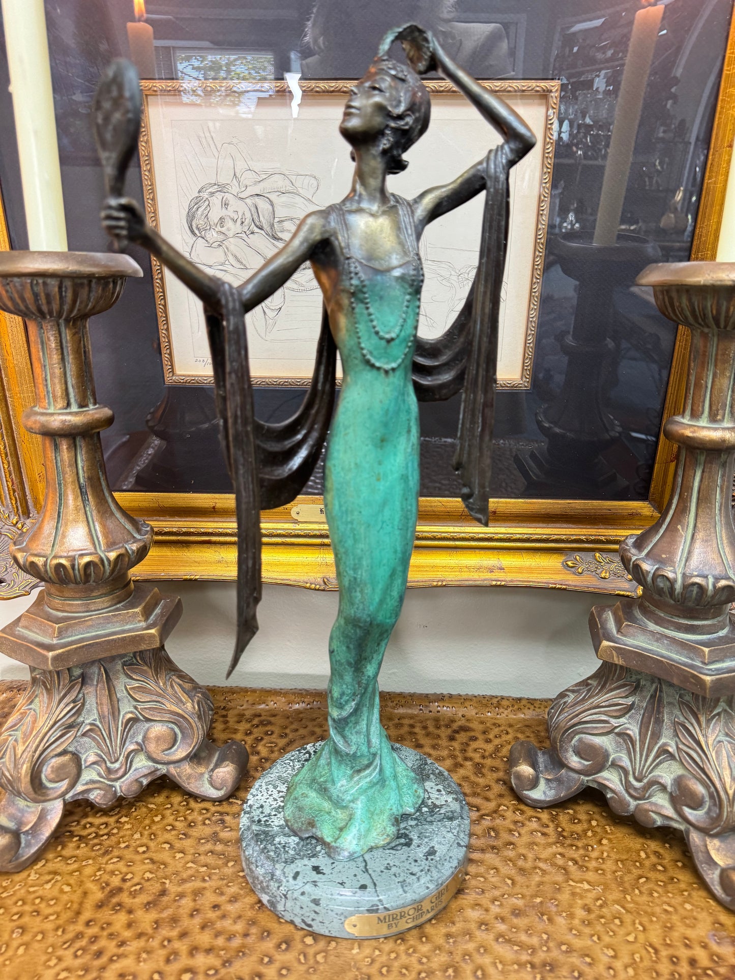 Vintage Mirror Girl Sculpture After Demétre Chiparus – 1925 Design