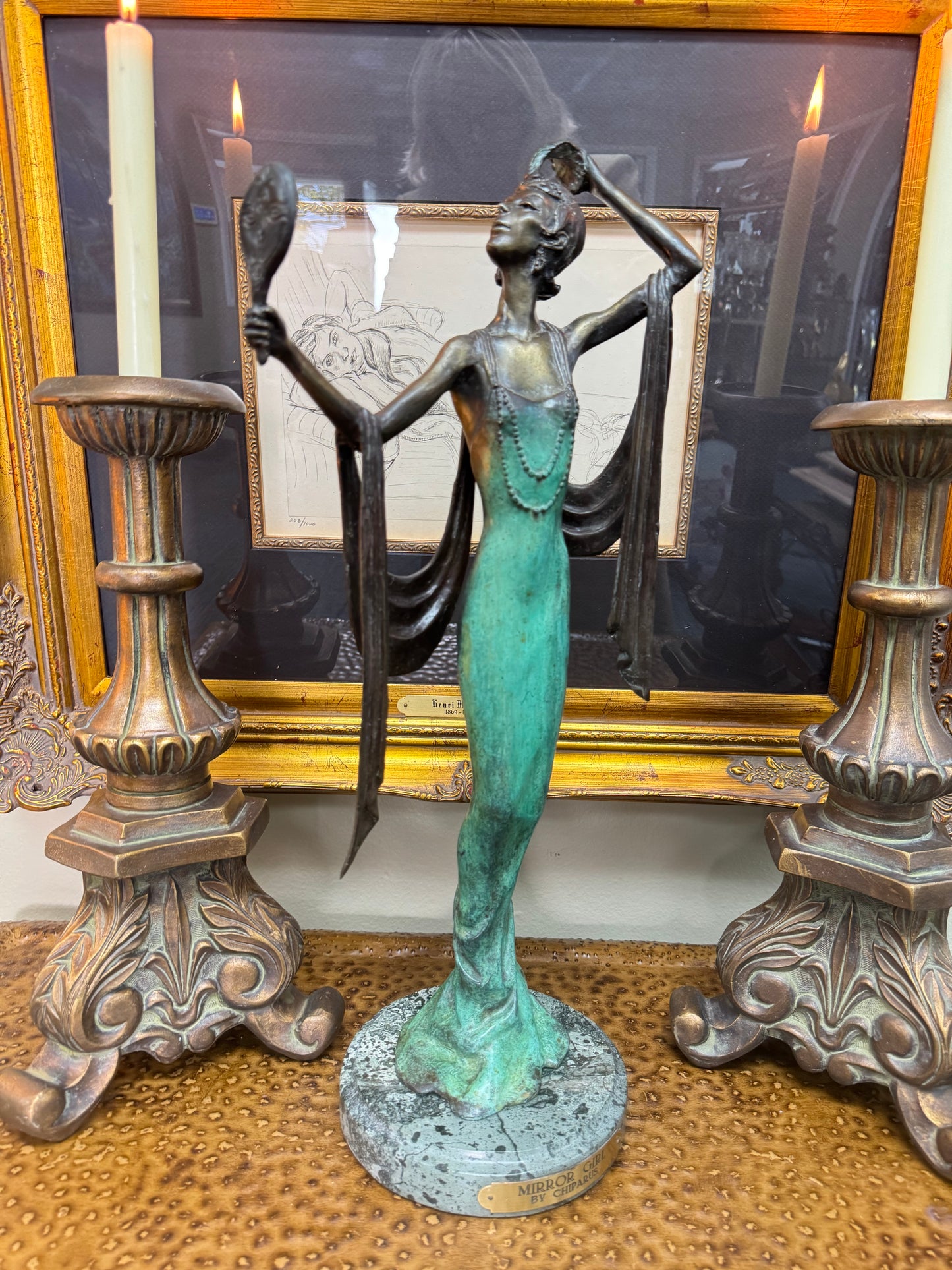 Vintage Mirror Girl Sculpture After Demétre Chiparus – 1925 Design