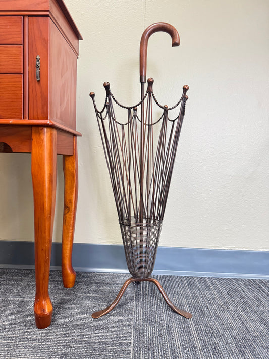 Vintage Metal Umbrella Stand with Wooden Handle – Mid-Century Entryway Décor, Wire Umbrella Holder
