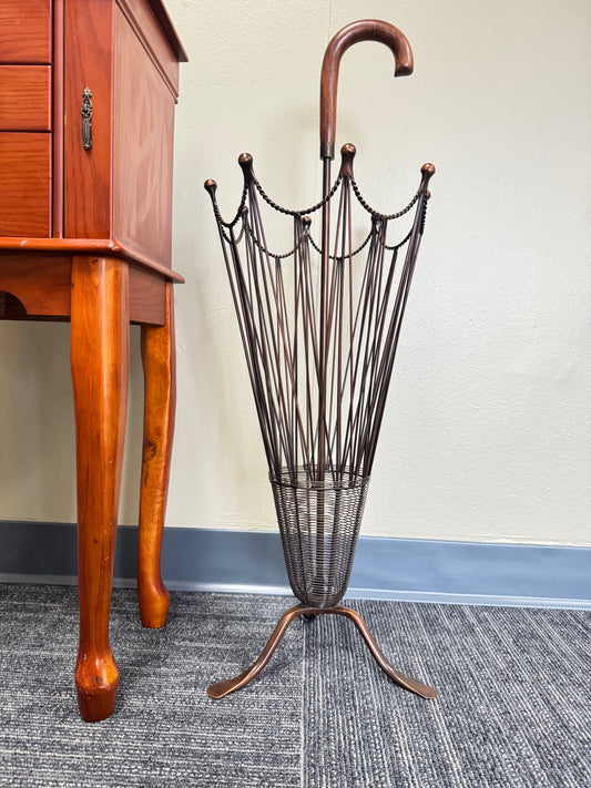 Vintage Metal Umbrella Stand with Wooden Handle – Mid-Century Entryway Décor, Wire Umbrella Holder