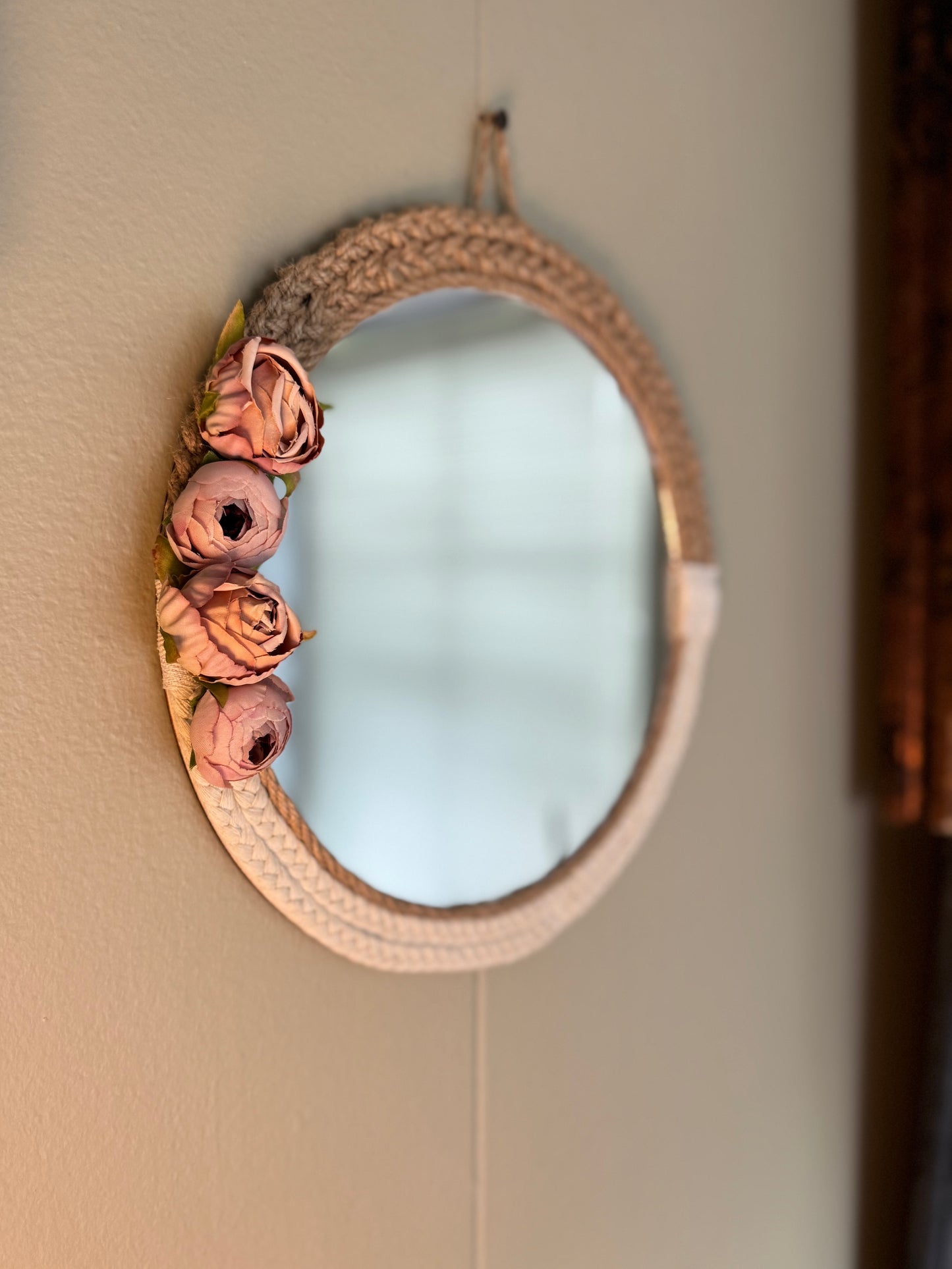 Boho Round Wall Mirror with Rope Frame & Floral Accent, Small Decorative Jute Mirror Wall Décor