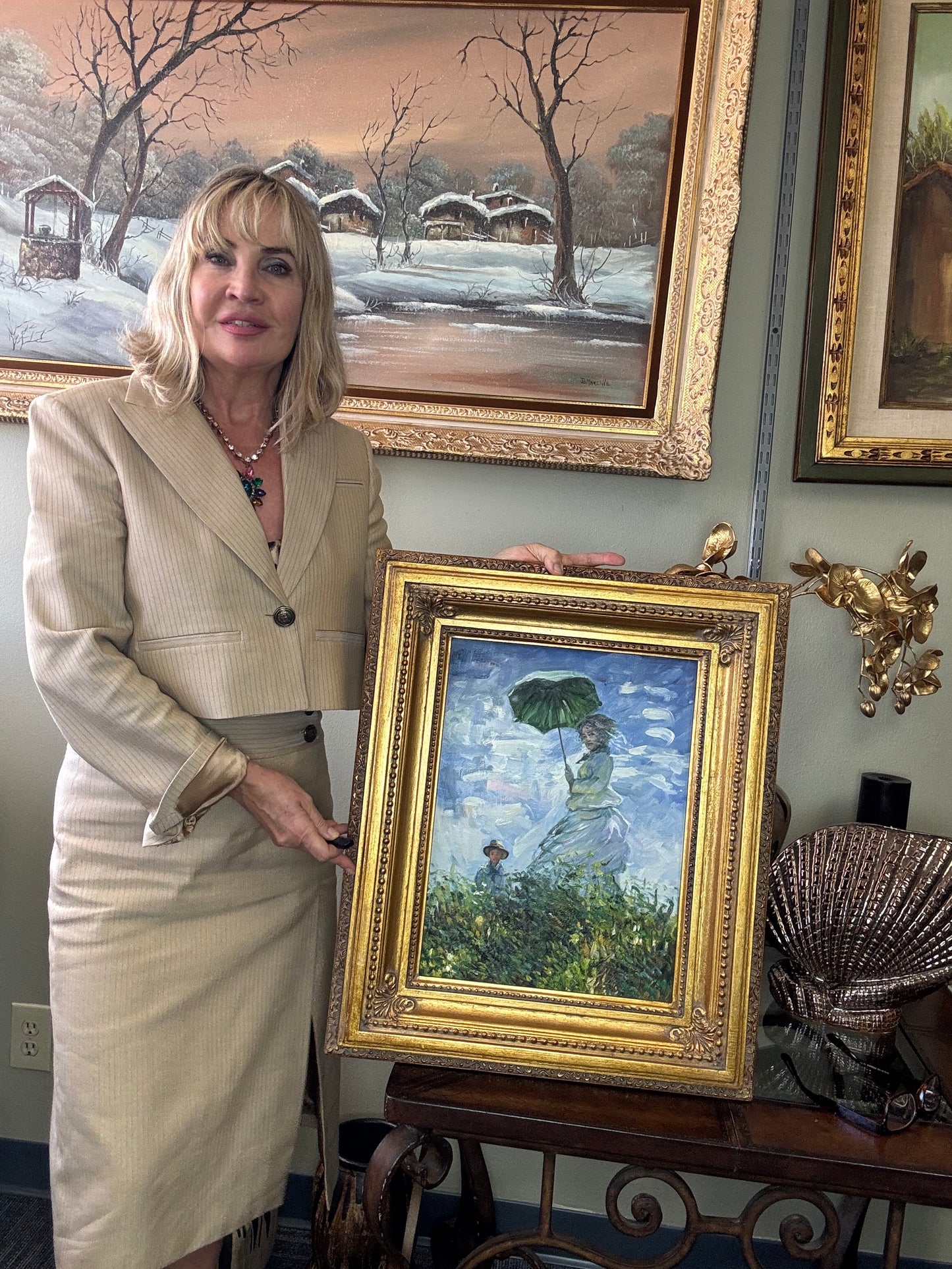 Claude Monet “Woman with a Parasol” – Oil Painting Reproduction in Ornate Gold Frame