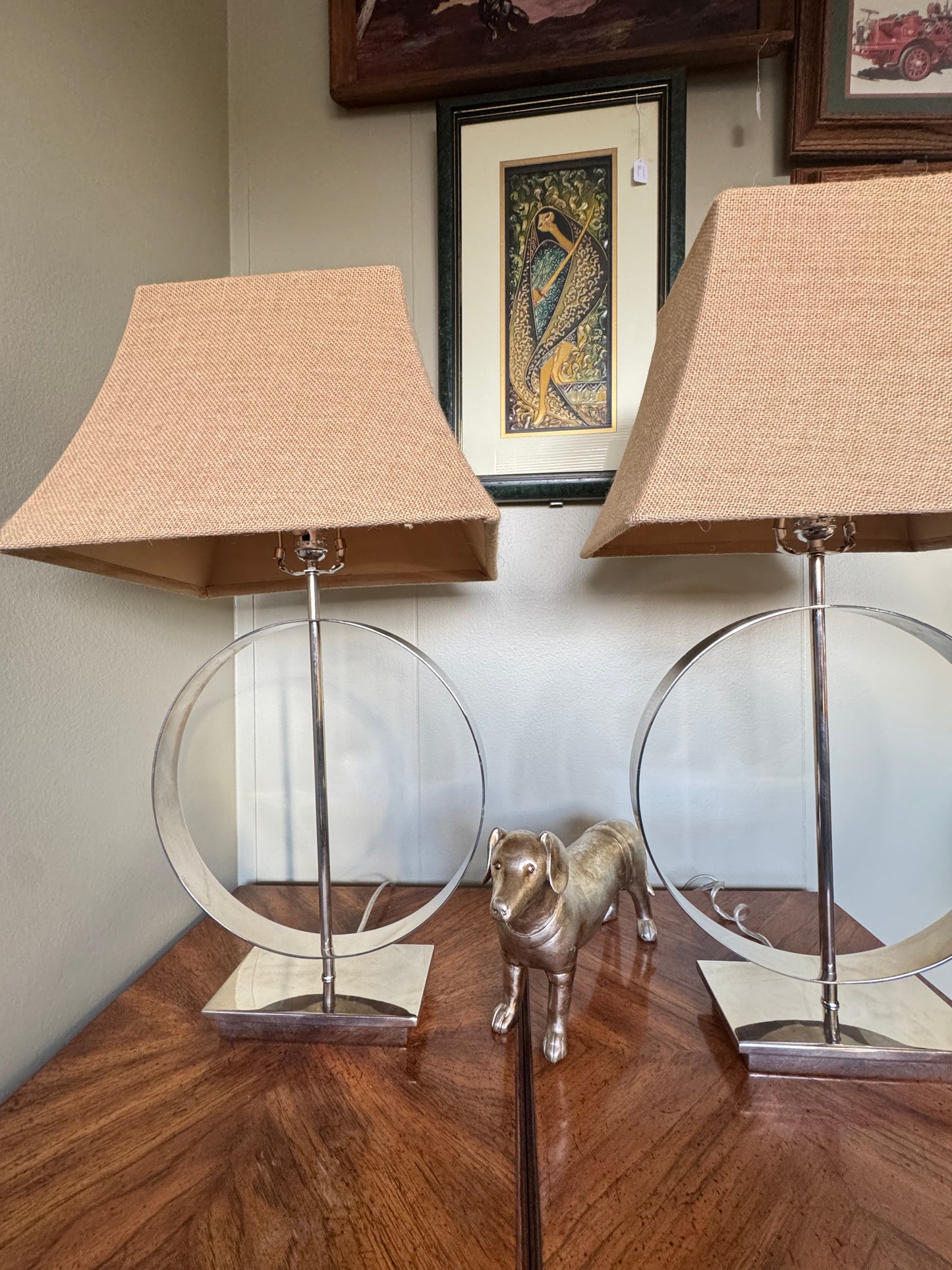 Pair of Modern Nickel Table Lamps with Burlap Shades 1975