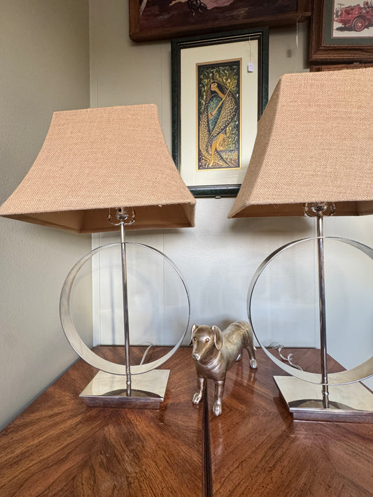 Pair of Modern Nickel Table Lamps with Burlap Shades 1975
