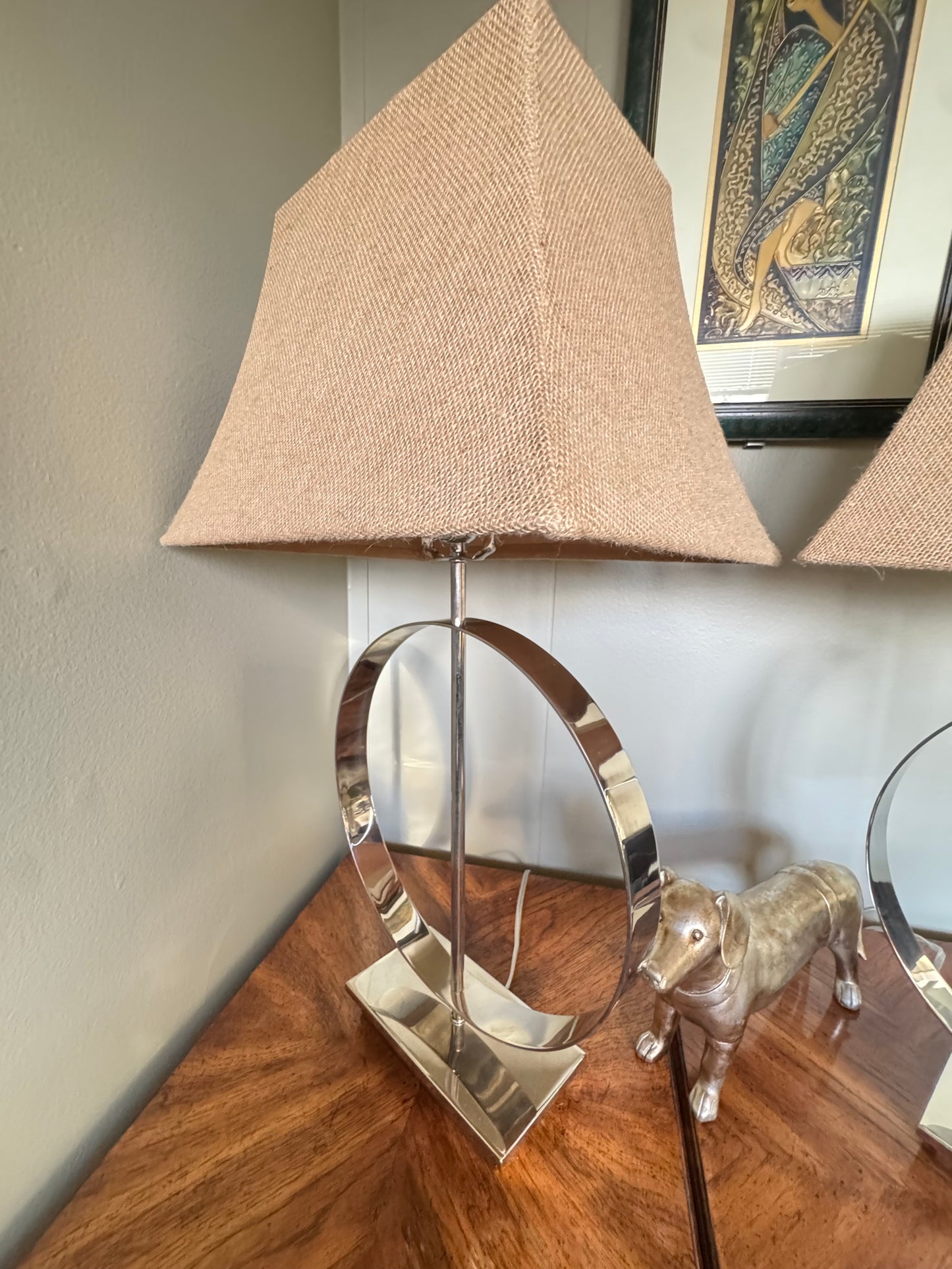 Pair of Modern Nickel Table Lamps with Burlap Shades 1975