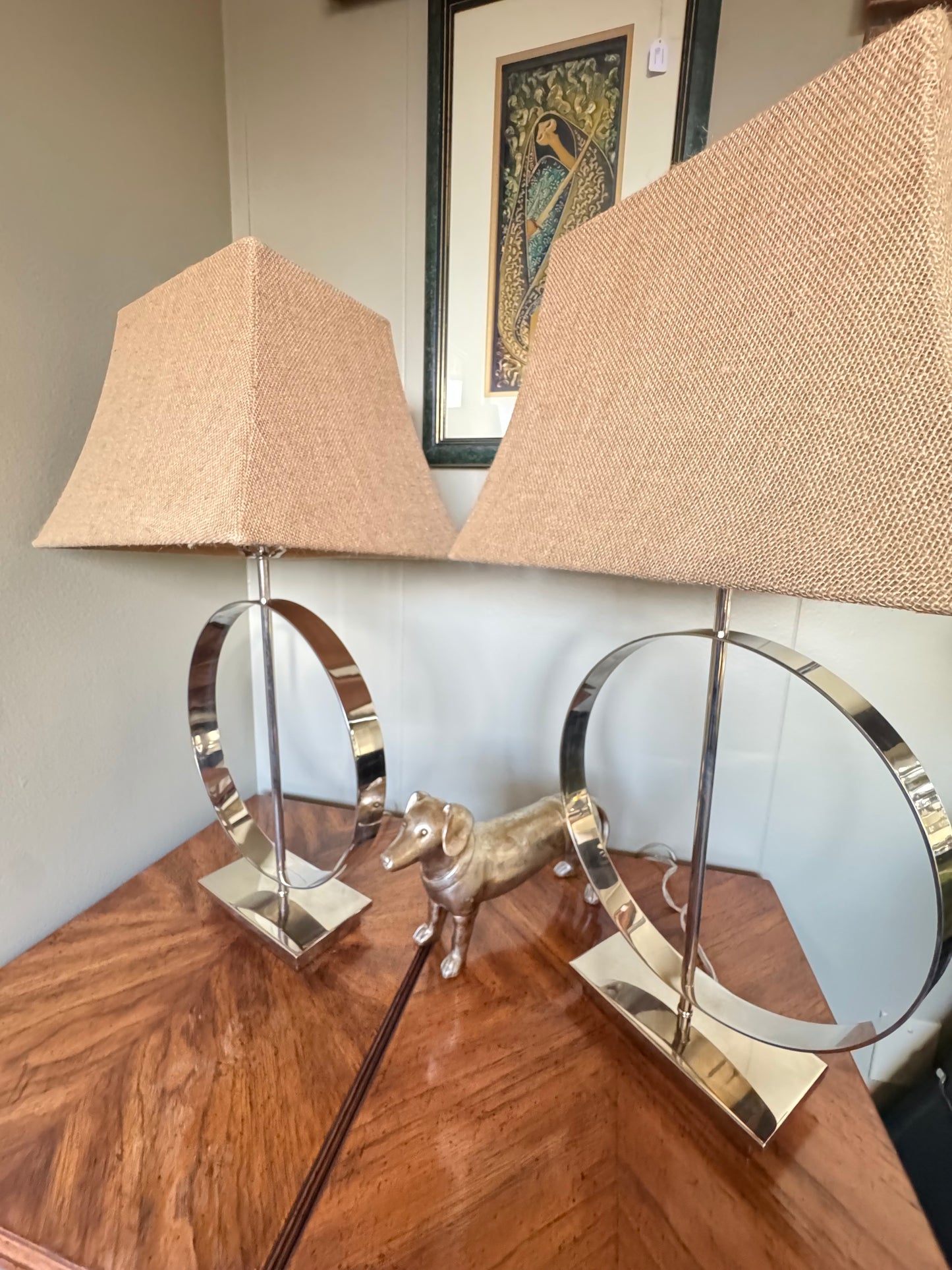 Pair of Modern Nickel Table Lamps with Burlap Shades 1975