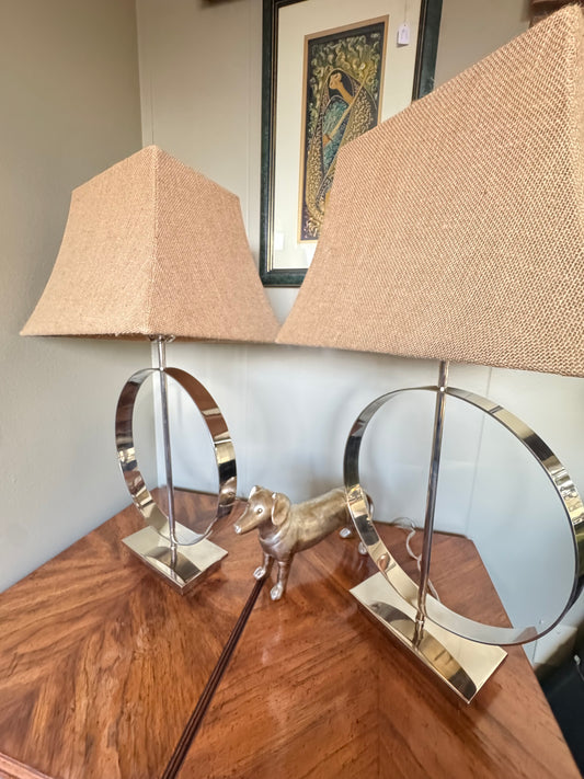 Pair of Modern Nickel Table Lamps with Burlap Shades 1975
