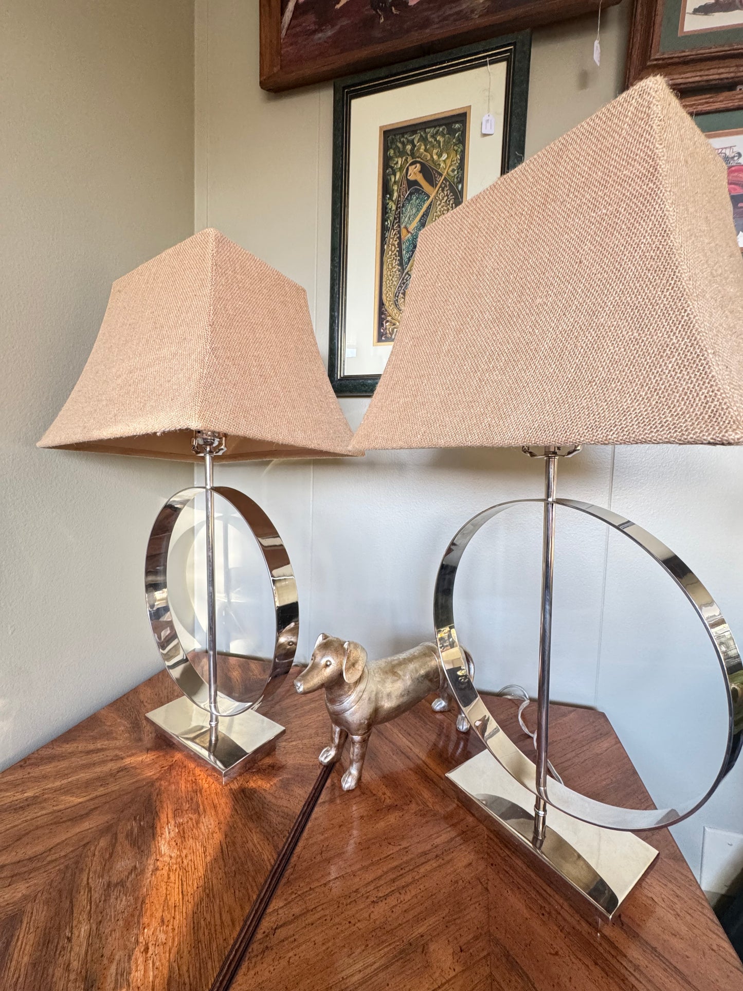 Pair of Modern Nickel Table Lamps with Burlap Shades 1975