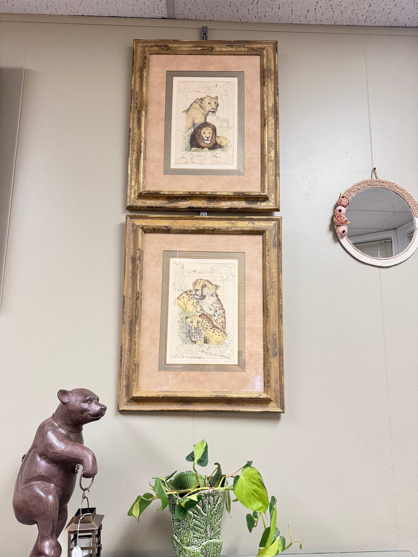 Set of 2 Framed Big Cats Art Prints – Lions & Cheetahs, Numbered Limited Edition, Vintage Style Wildlife Wall Art