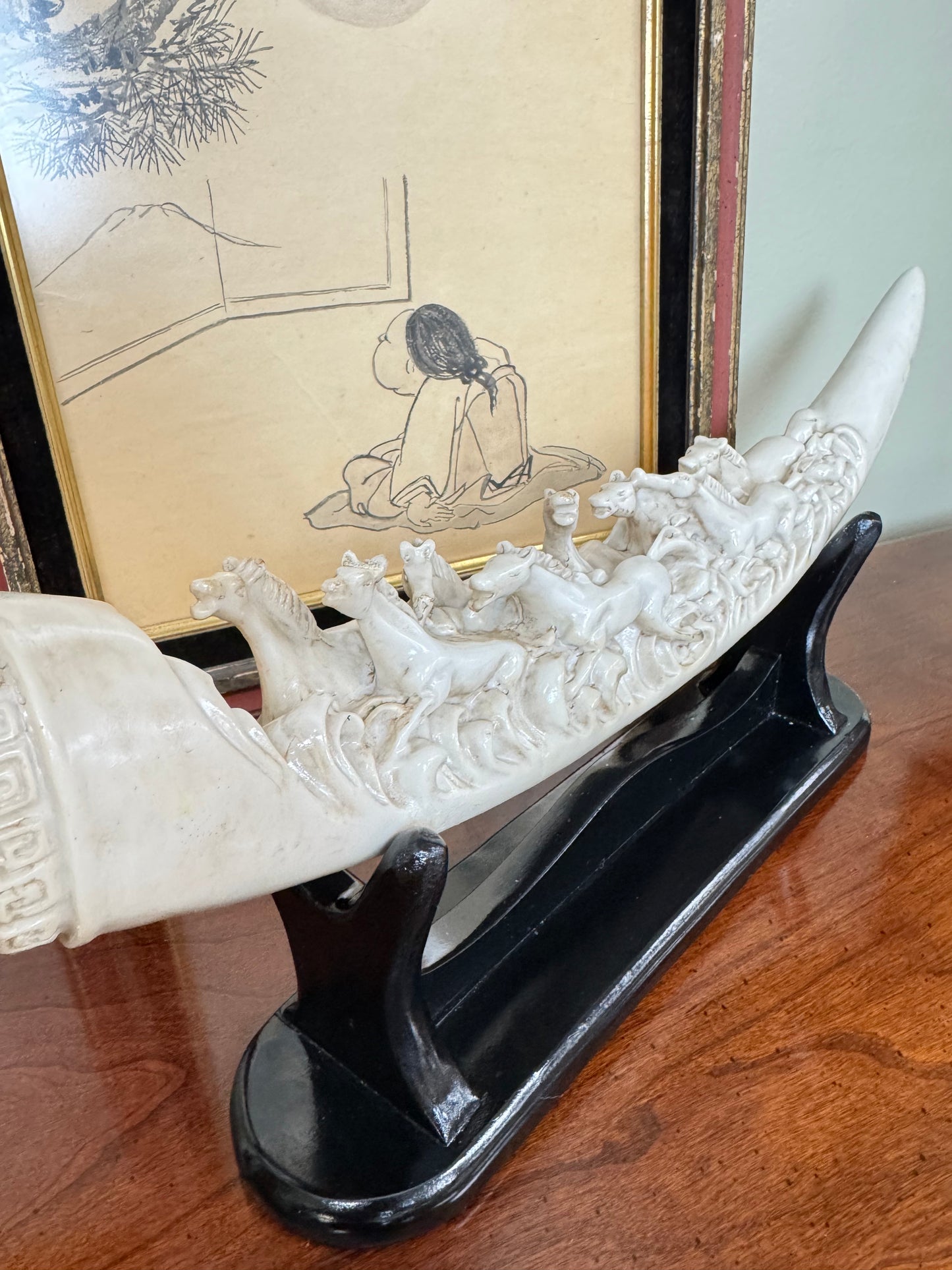 Decorative Resin Elephant Tusk Sculpture with Running Horses on Wooden Stand