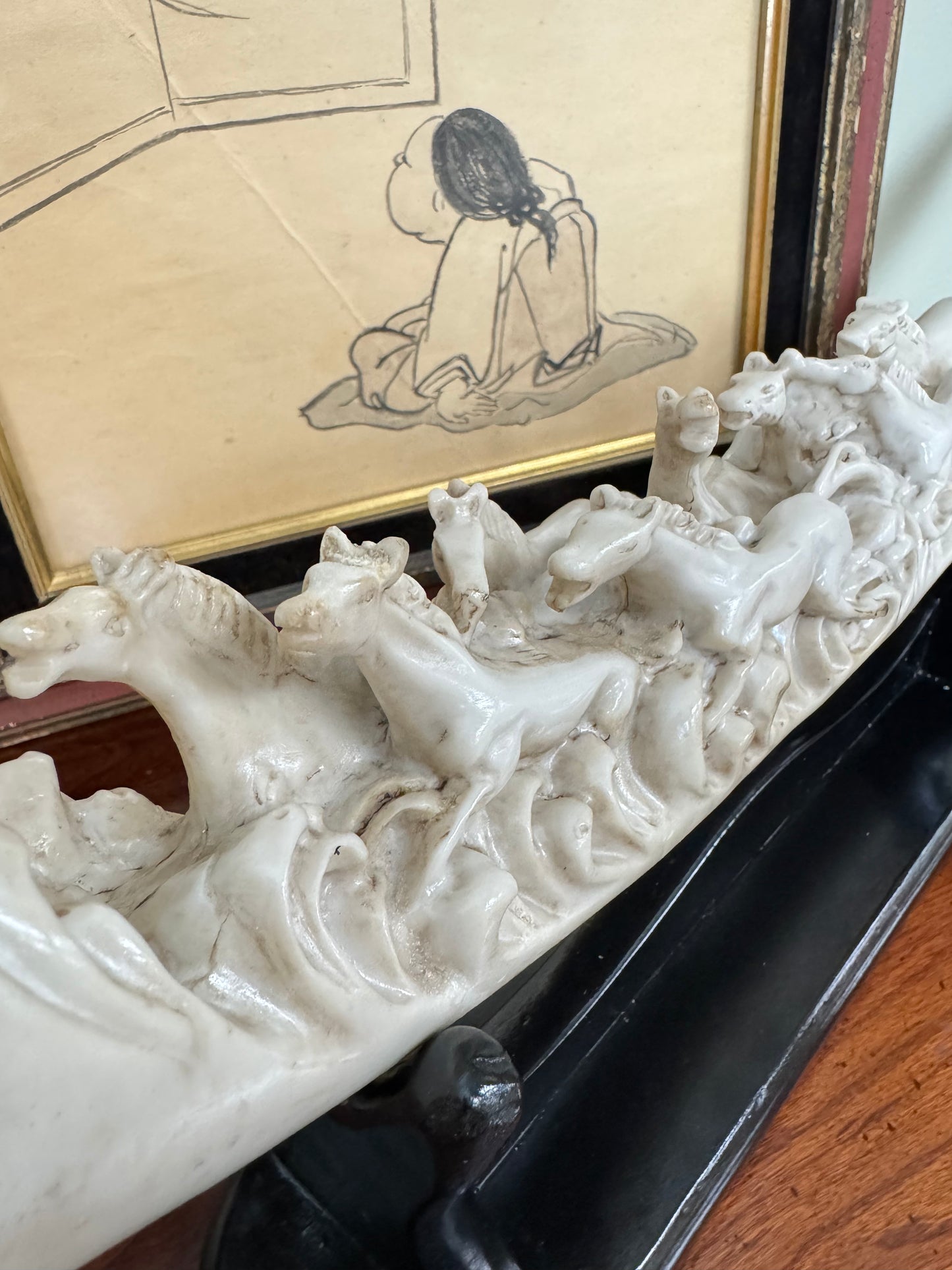 Decorative Resin Elephant Tusk Sculpture with Running Horses on Wooden Stand