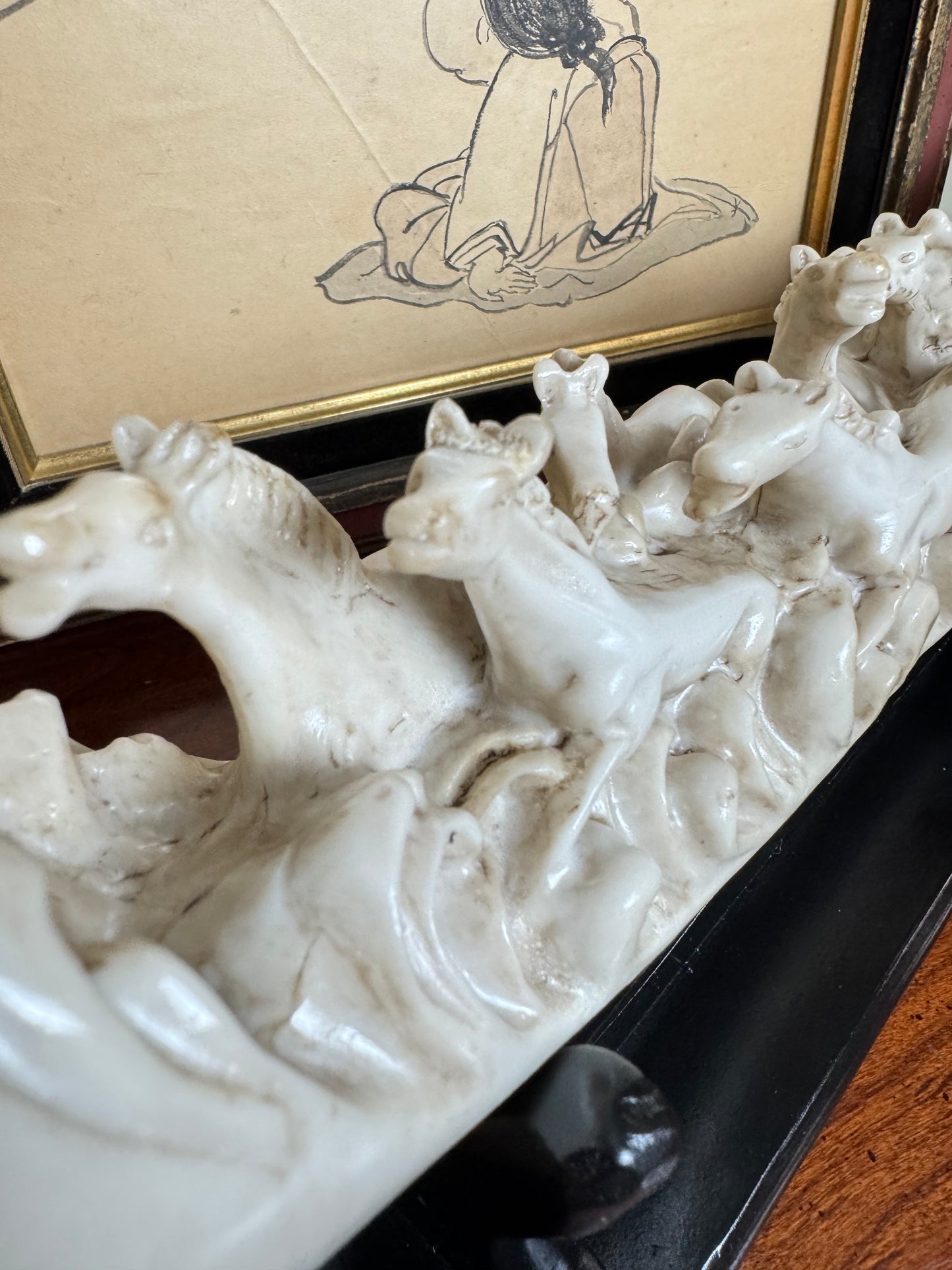 Decorative Resin Elephant Tusk Sculpture with Running Horses on Wooden Stand