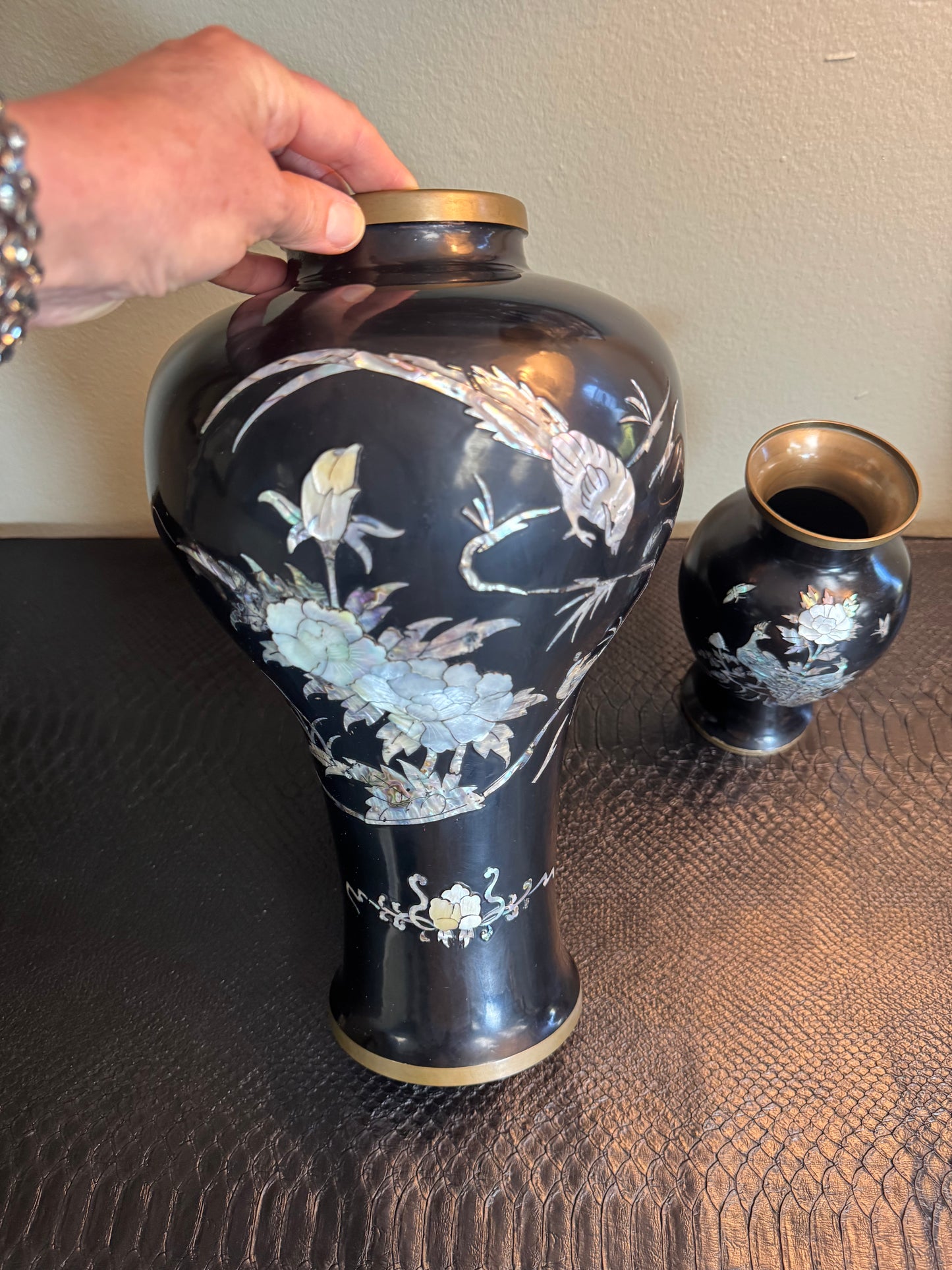 Vintage Korean Mother of Pearl Inlay Brass Vases – Set of 2 | Black Enamel | Peacock & Crane