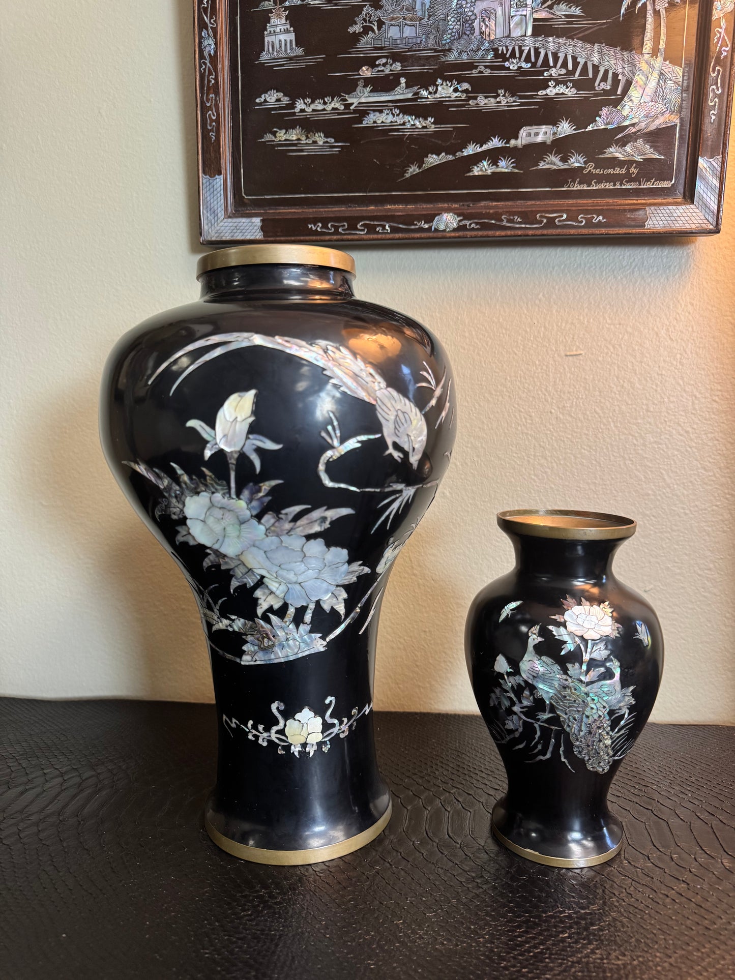 Vintage Korean Mother of Pearl Inlay Brass Vases – Set of 2 | Black Enamel | Peacock & Crane