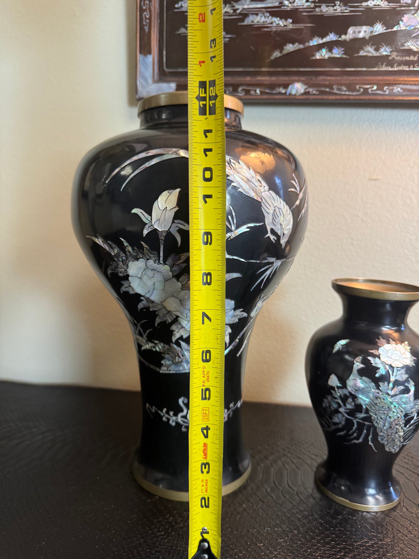 Vintage Korean Mother of Pearl Inlay Brass Vases – Set of 2 | Black Enamel | Peacock & Crane