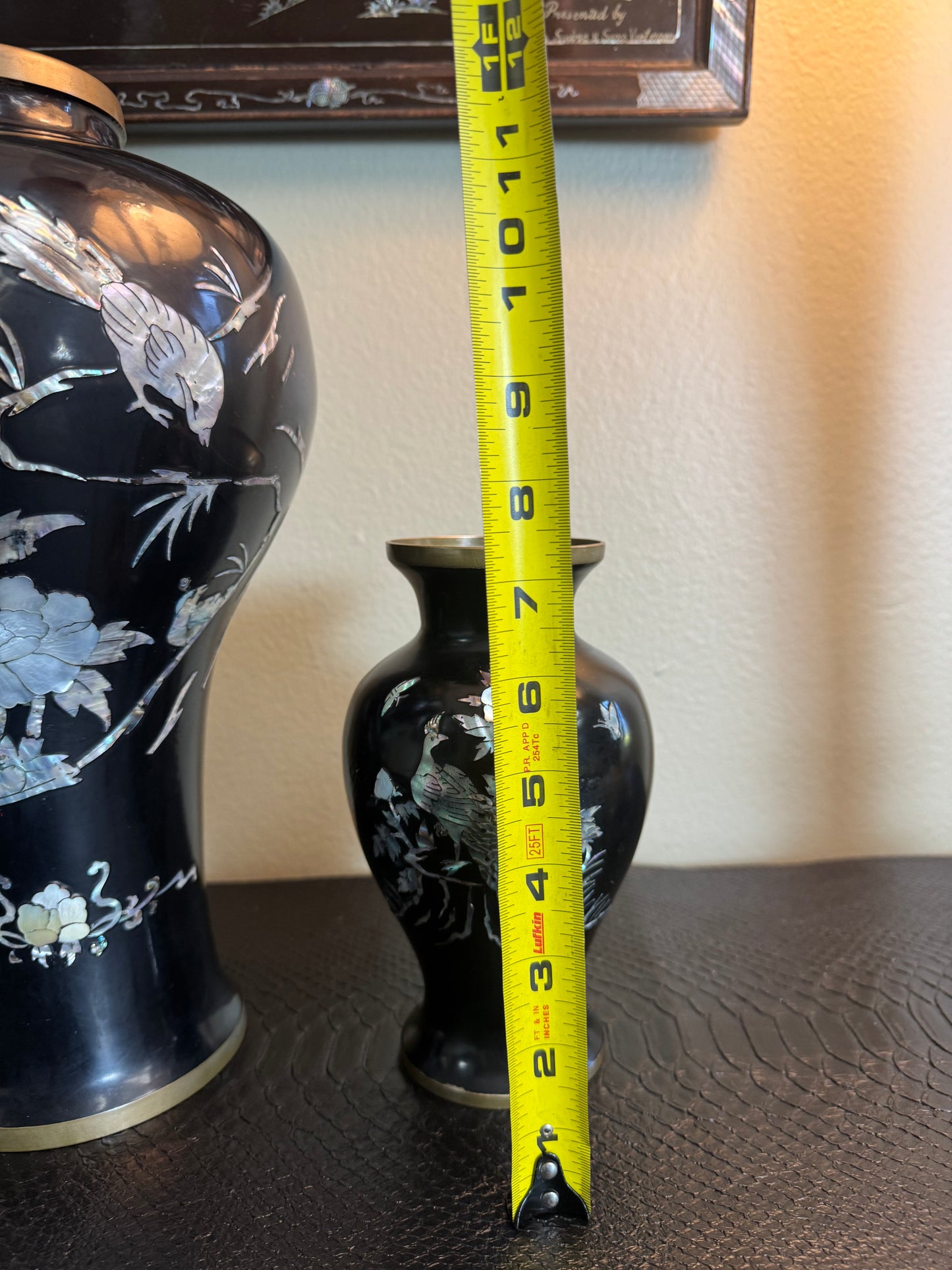 Vintage Korean Mother of Pearl Inlay Brass Vases – Set of 2 | Black Enamel | Peacock & Crane