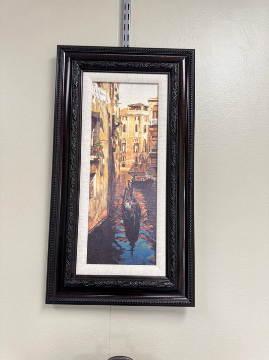 Venetian Canal Wall Art, Gondola Scene Framed Artwork, European Cityscape Painting Style, 27x14