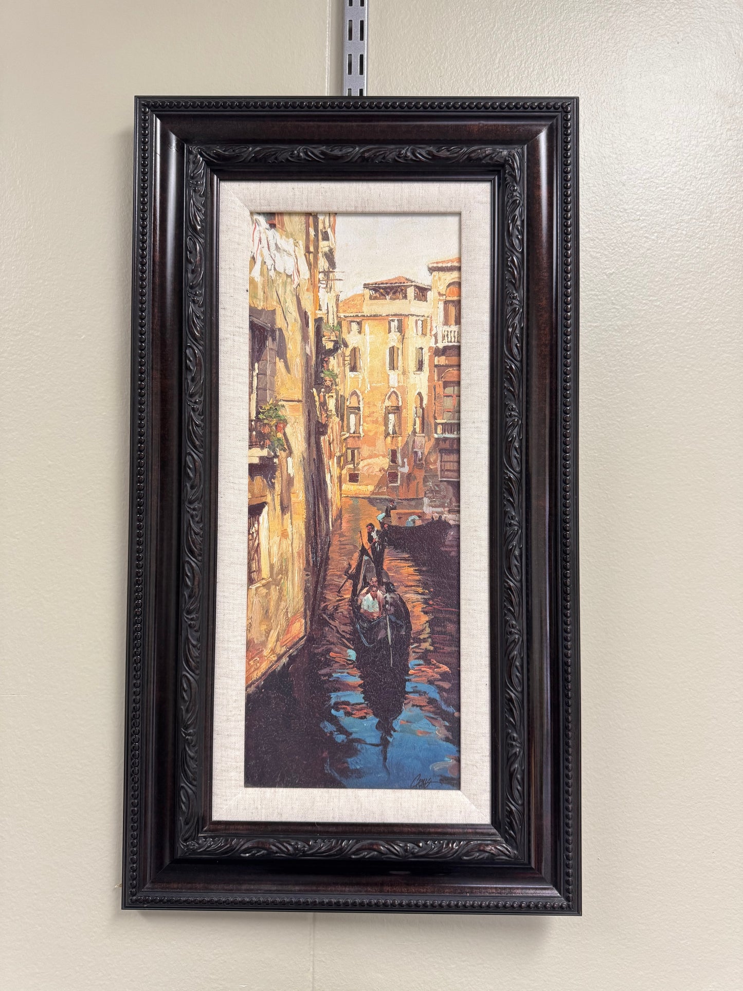 Venetian Canal Wall Art, Gondola Scene Framed Artwork, European Cityscape Painting Style, 27x14