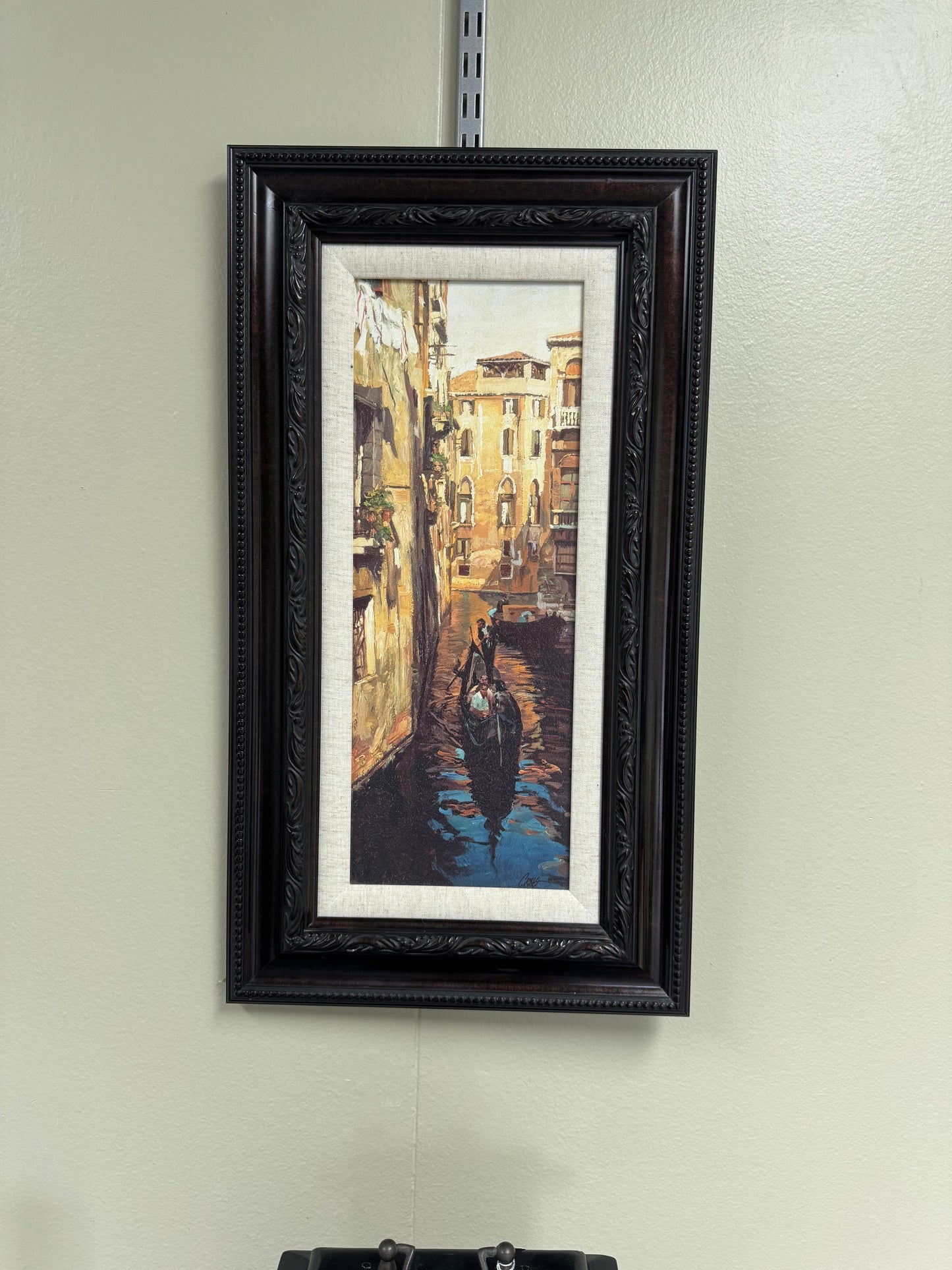 Venetian Canal Wall Art, Gondola Scene Framed Artwork, European Cityscape Painting Style, 27x14